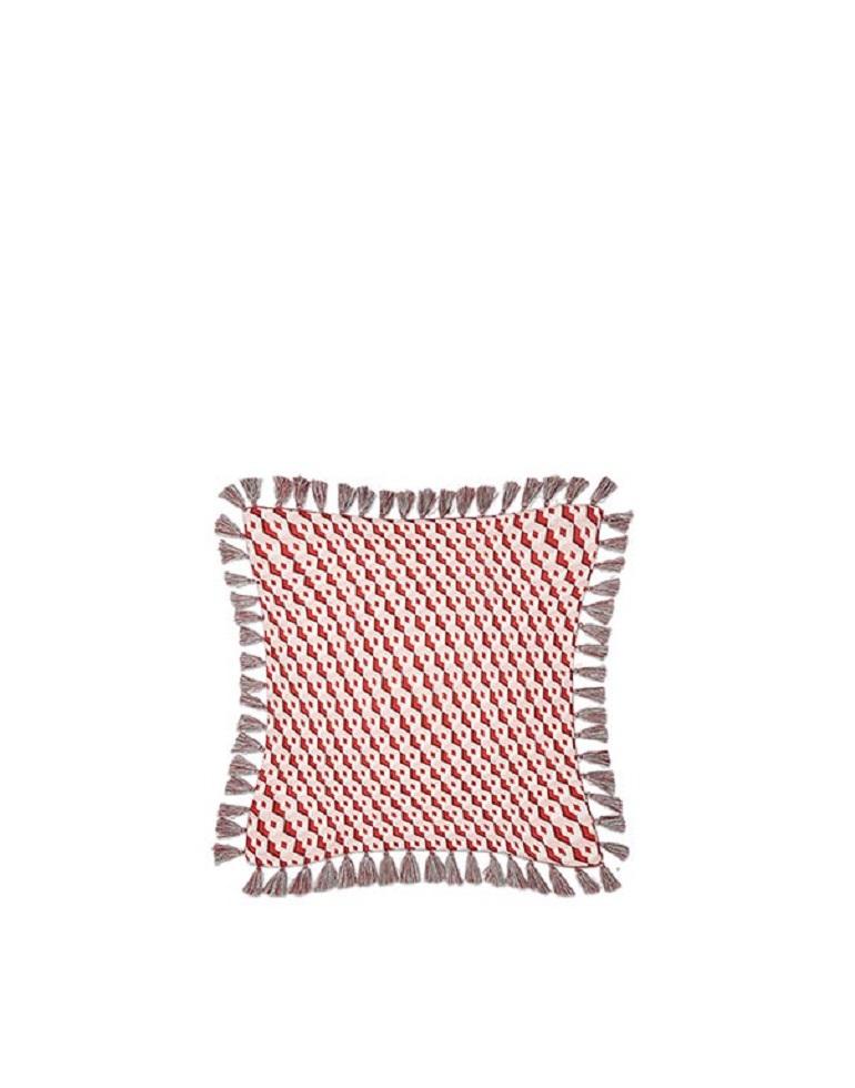Italian Cushion with Fringes Cubi Rosso Print, in Cotton by La DoubleJ, Made in Italy
