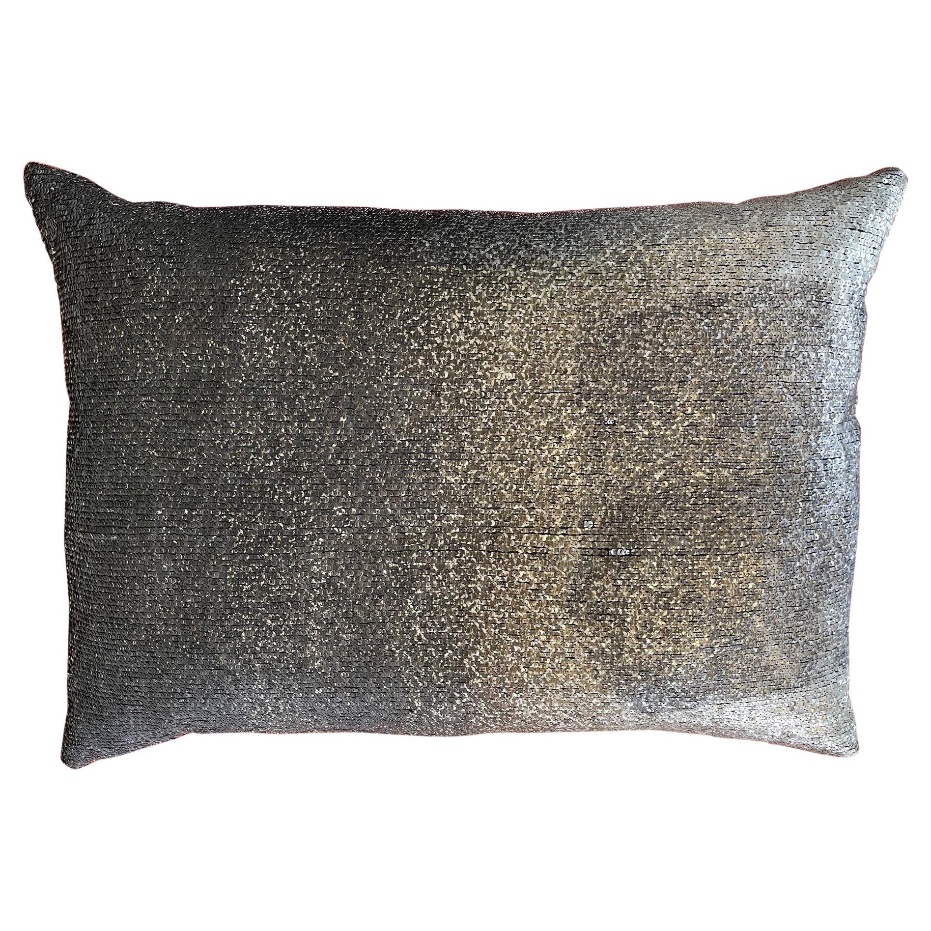 Cushion with Silver Sequins Hand Embroidered over Printed with Hand Block Print For Sale