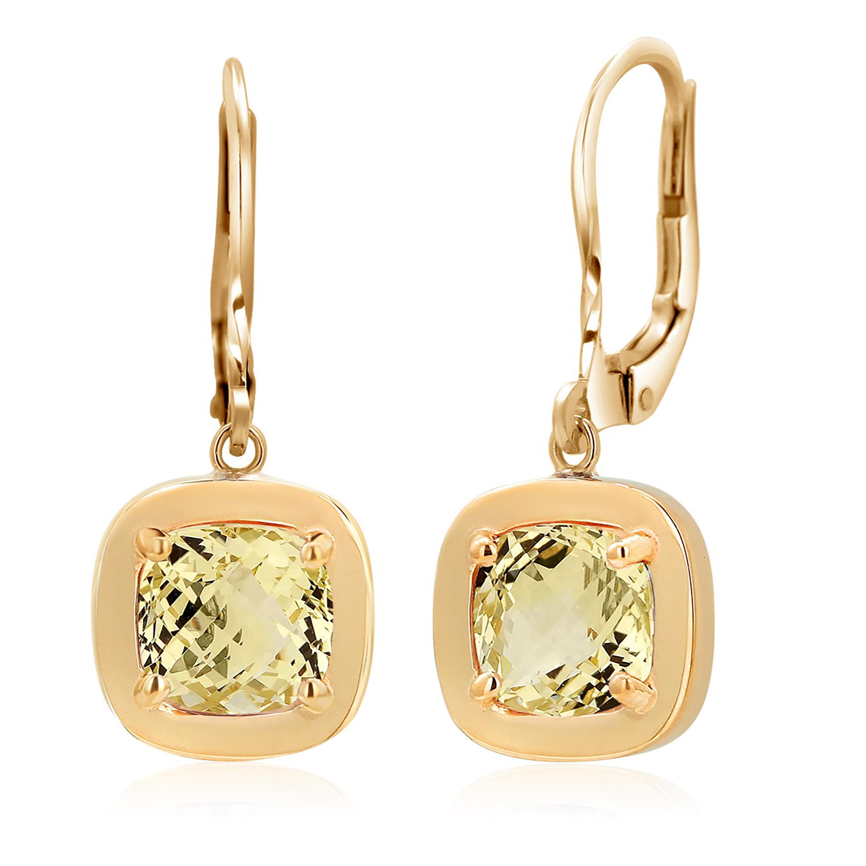 Cushion Yellow Beryl 5.80 Carat Bezel Yellow Gold 1.15 Inch Leverback Earrings In New Condition For Sale In New York, NY