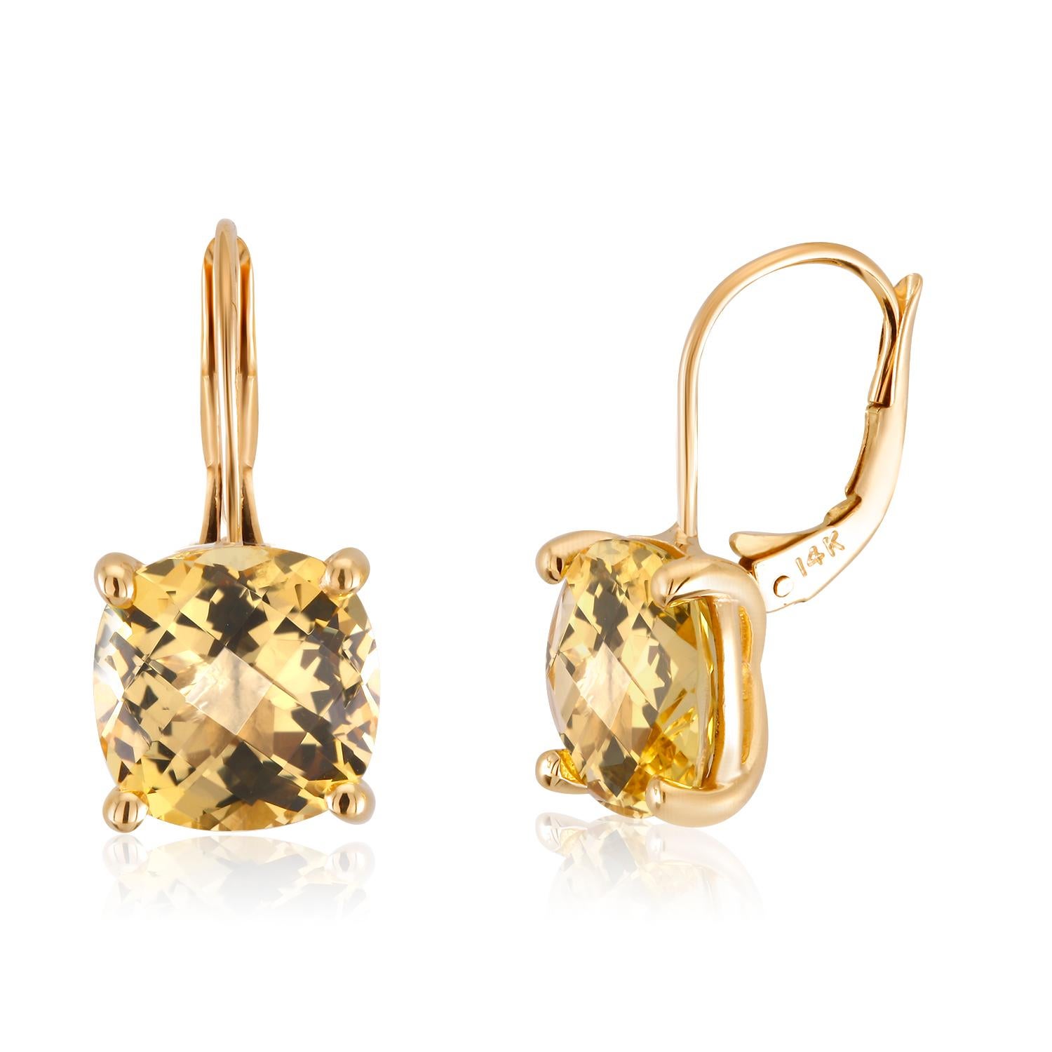 Contemporary Cushion Yellow Beryl Drop Hoop Gold Earrings Weighing 8.20 Carat