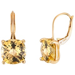 Cushion Yellow Beryl Drop Hoop Gold Earrings Weighing 8.20 Carat