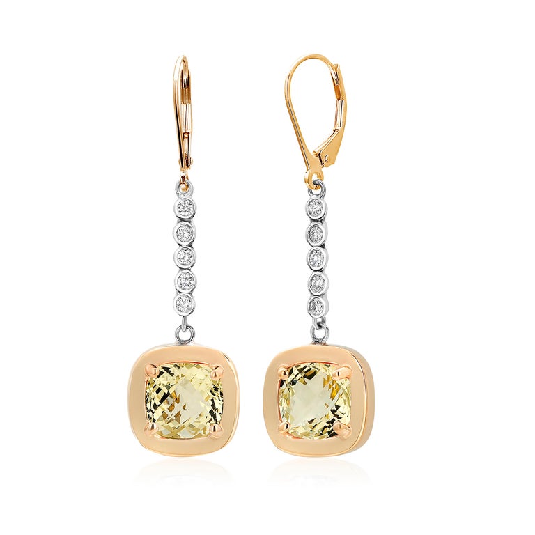 Cushion Cut Cushion Yellow Beryl White and Yellow Gold Lever Back Earrings For Sale