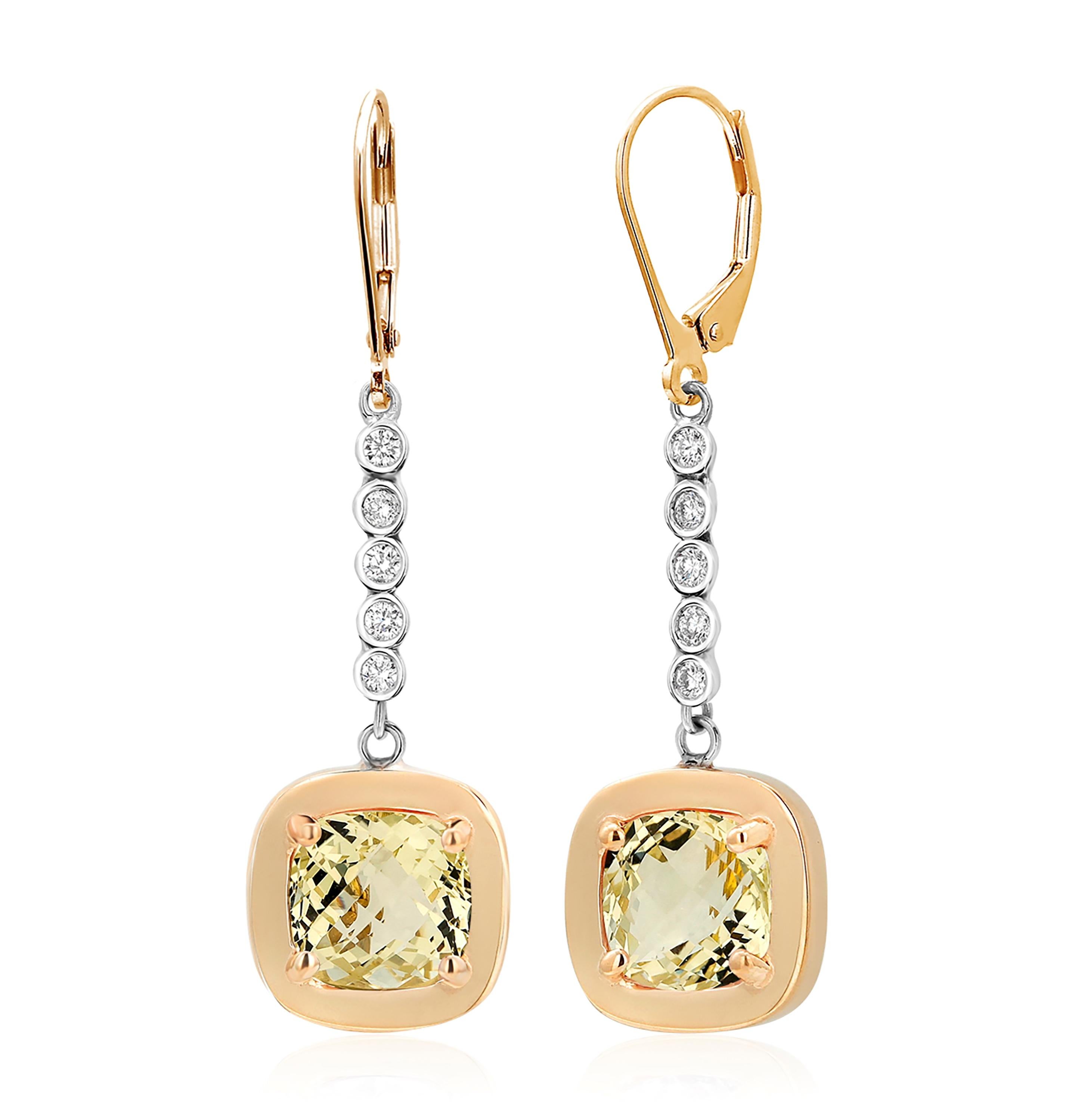 Women's or Men's Cushion Yellow Beryl White and Yellow Gold Lever Back Earrings