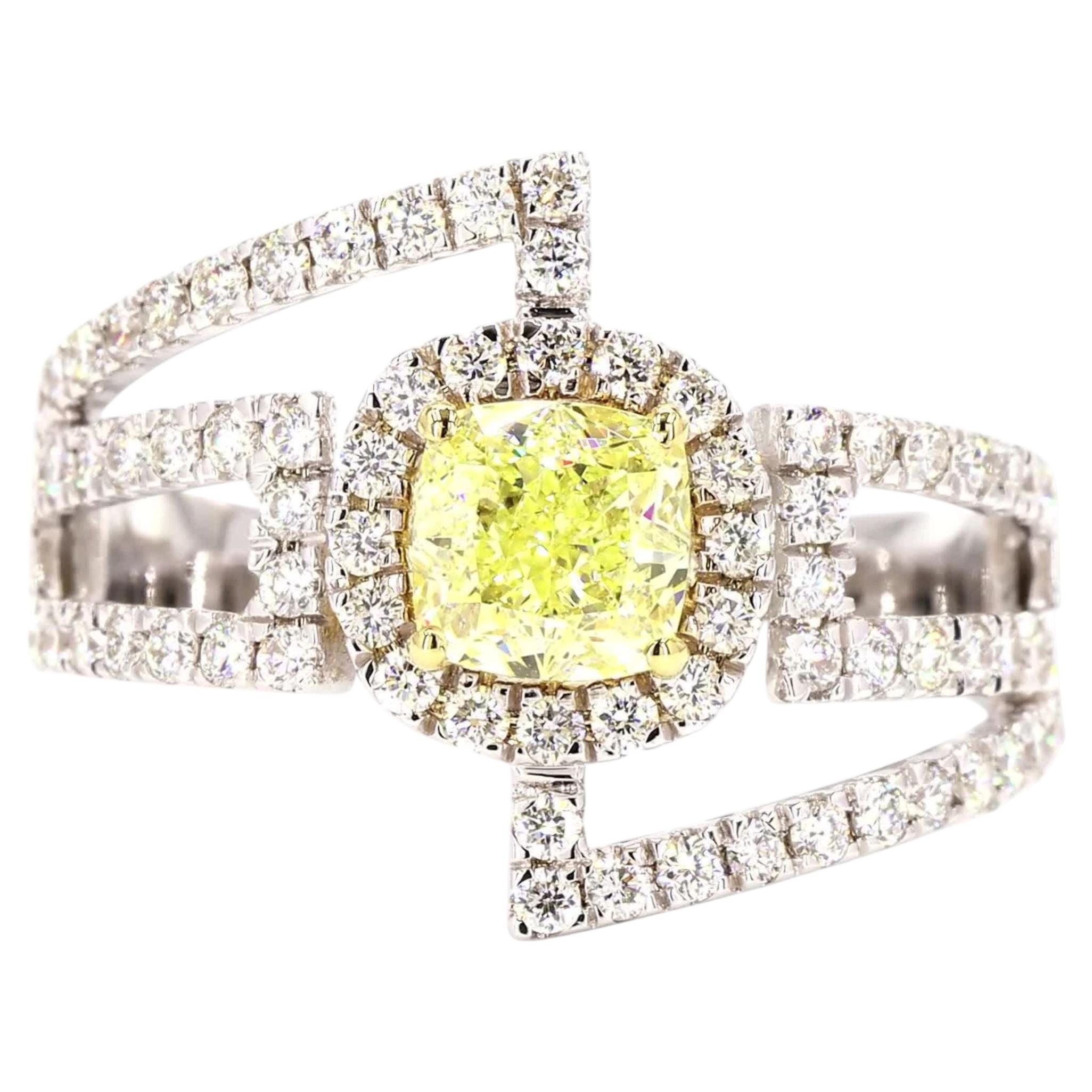 Cushion Yellow Natural Diamond Halo Ring in 18k Solid Gold (Certified)
