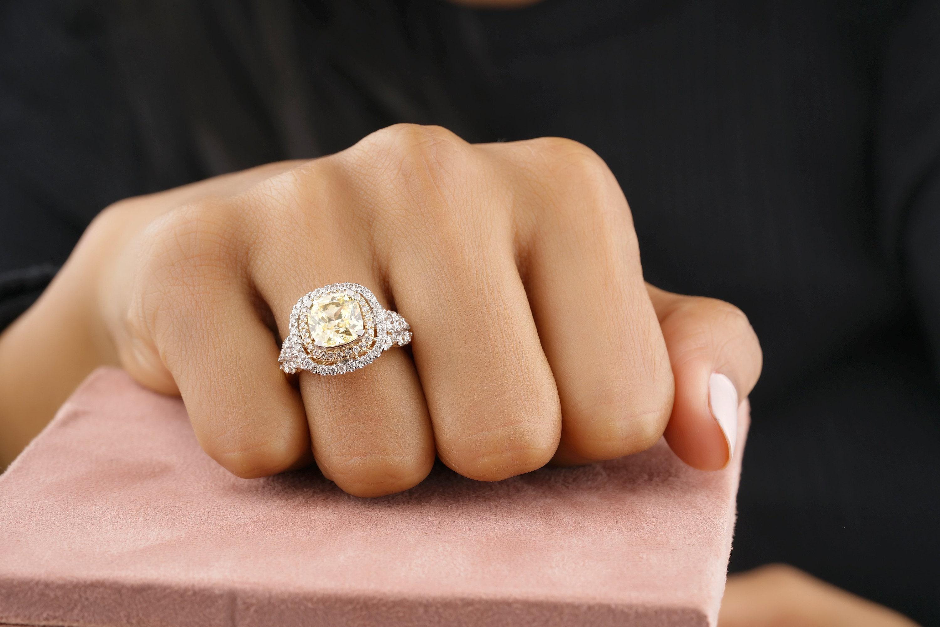 Art Deco Cushion Yellow Sapphire Diamond Ring in 14k Solid Gold (Certified) For Sale