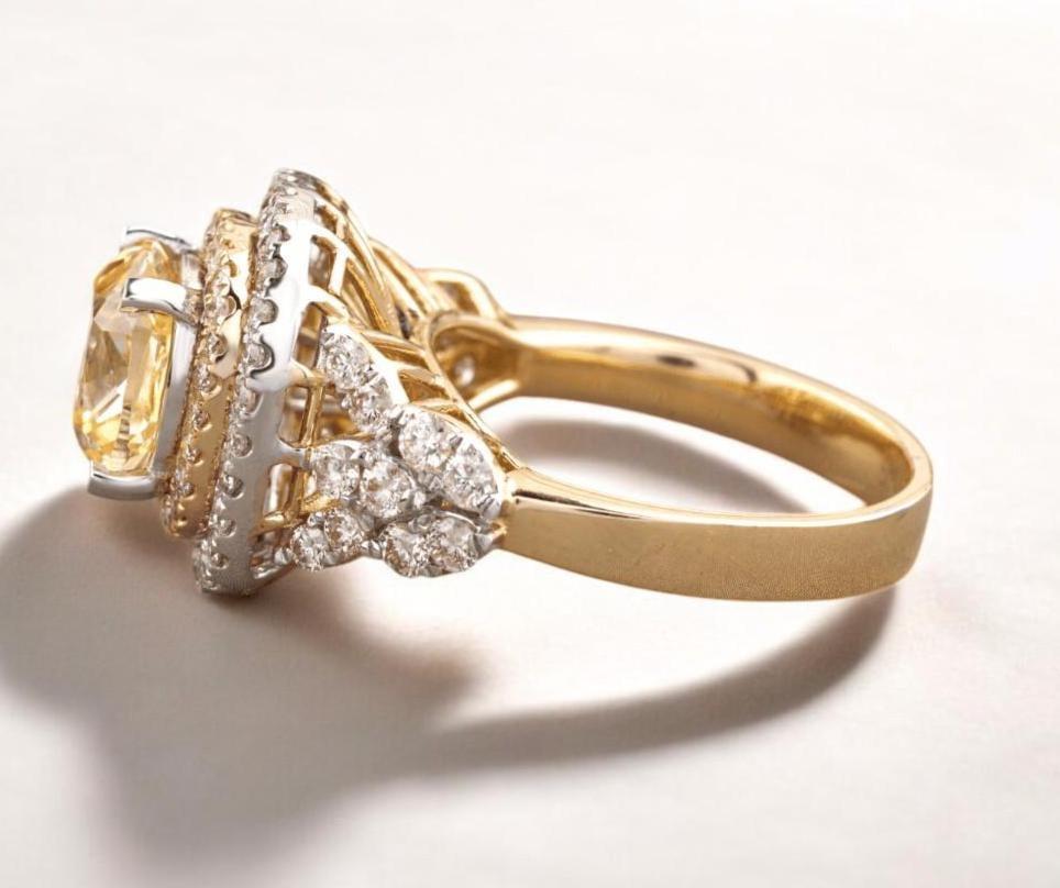 Cushion Cut Cushion Yellow Sapphire Diamond Ring in 14k Solid Gold (Certified) For Sale