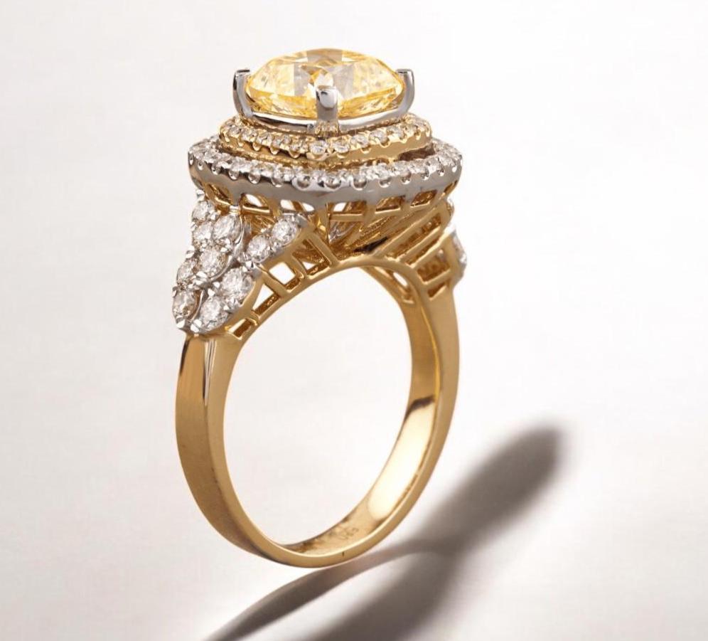 Women's Cushion Yellow Sapphire Diamond Ring in 14k Solid Gold (Certified) For Sale