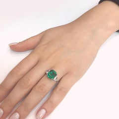 Cushion Zambian Emerald 5.45 Carat Half Moon Diamond Platinum Ring