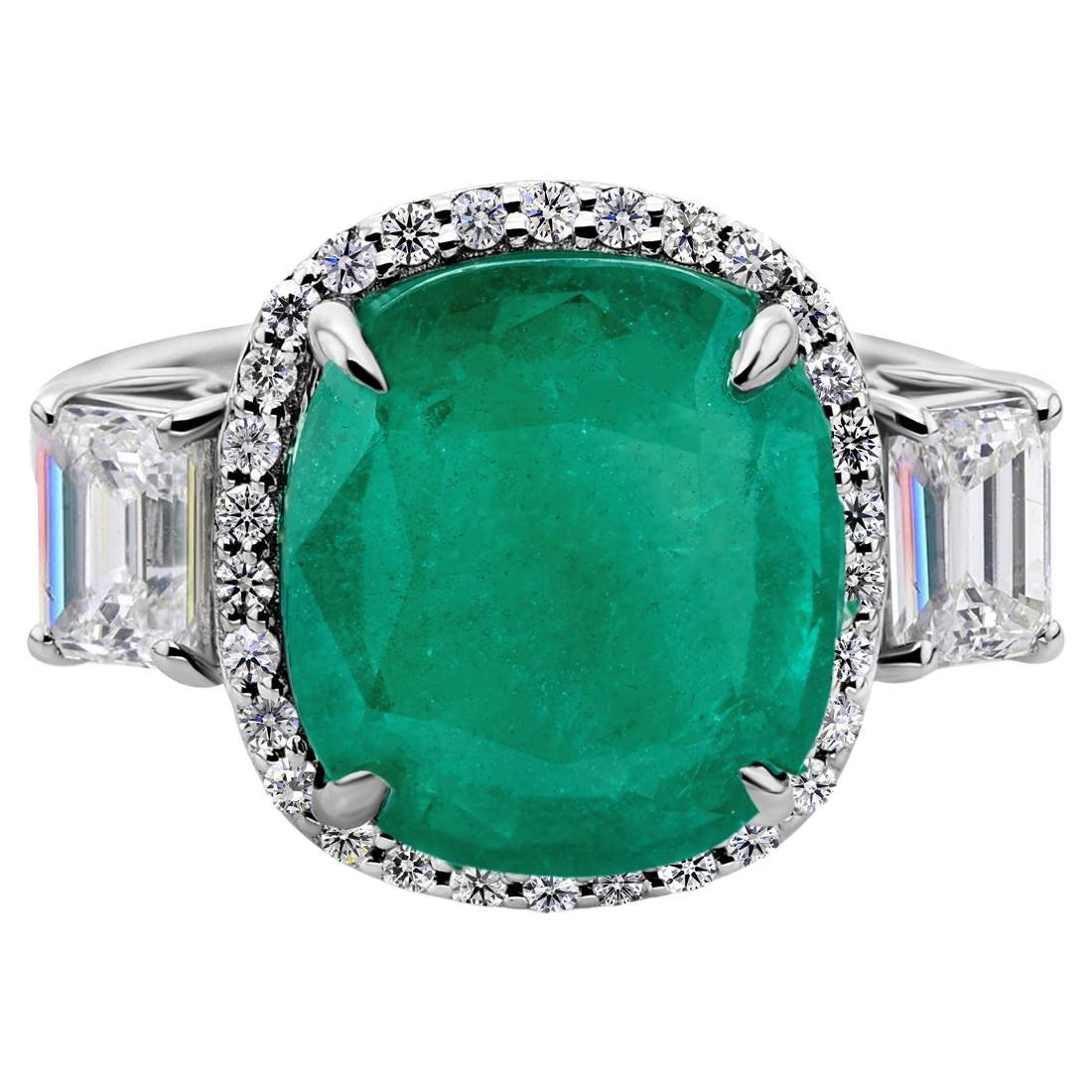 Cushion Zambian Emerald Diamond Halo Cocktail Birthstone Ring 18K White Gold