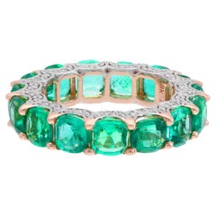 Cushion Zambian Emerald Gemstone Band Ring Pave Diamond 18k Rose Gold Jewelry