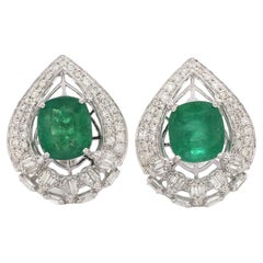 Cushion Zambian Emerald Gemstone Fine Stud Earrings Diamond 18 Karat White Gold