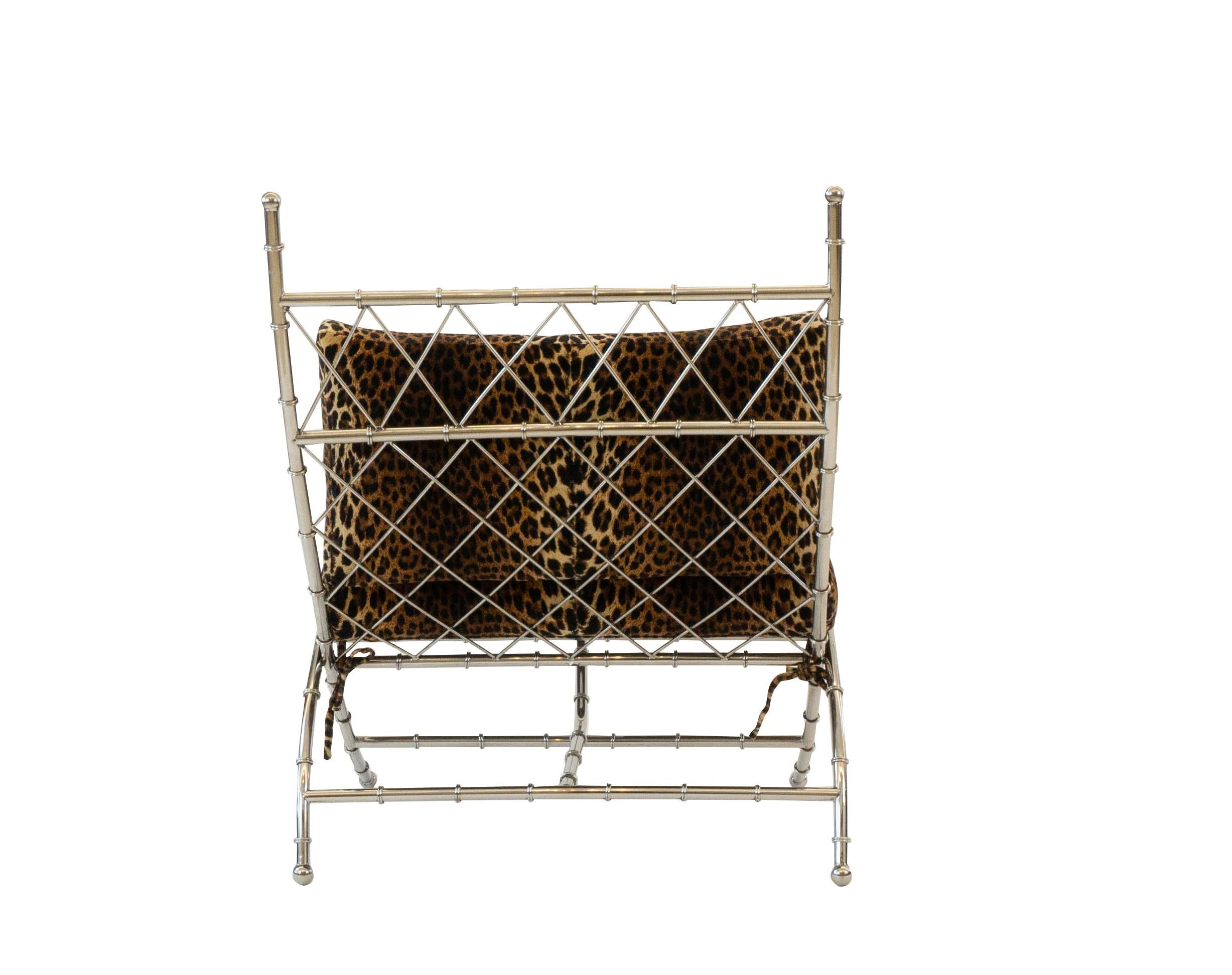 This glamorous metal bamboo folding easy chair upholstered in Pierre Frey Panthéer is a stunning and versatile piece perfect for a small space. Upholstery is customizable. 

Measurements: 36.25” H x 30” W x 18.5” D.

Customization may change