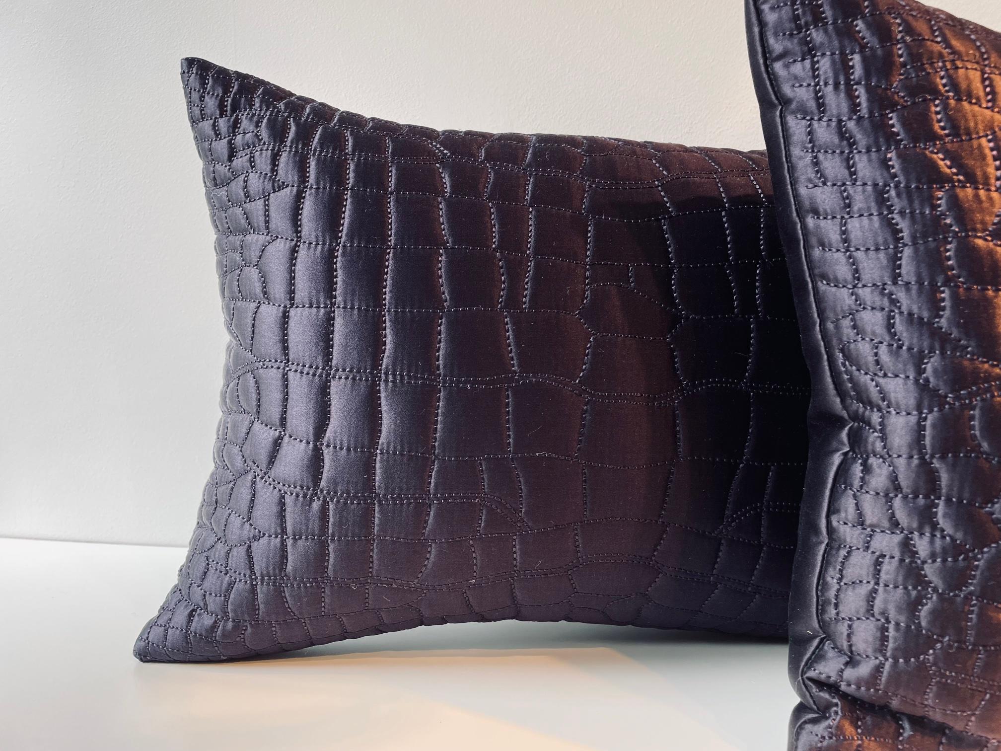Modern Cushions Hand Quilted Crocodile Skin Pattern in Silk Satin Dark Purple For Sale