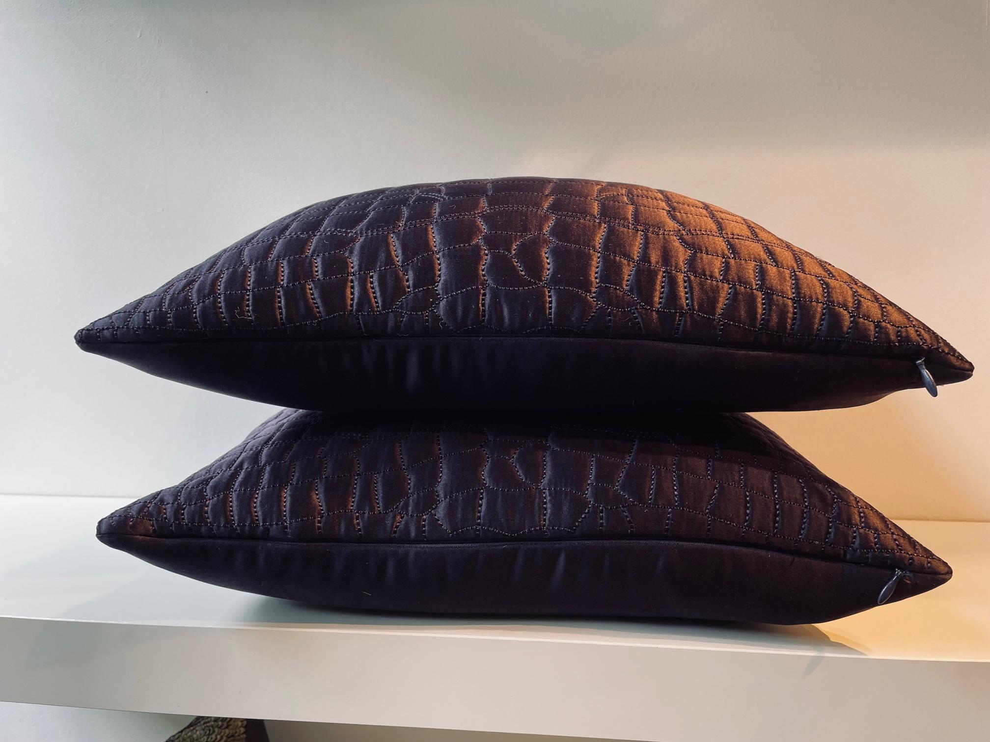 German Cushions Hand Quilted Crocodile Skin Pattern in Silk Satin Dark Purple For Sale