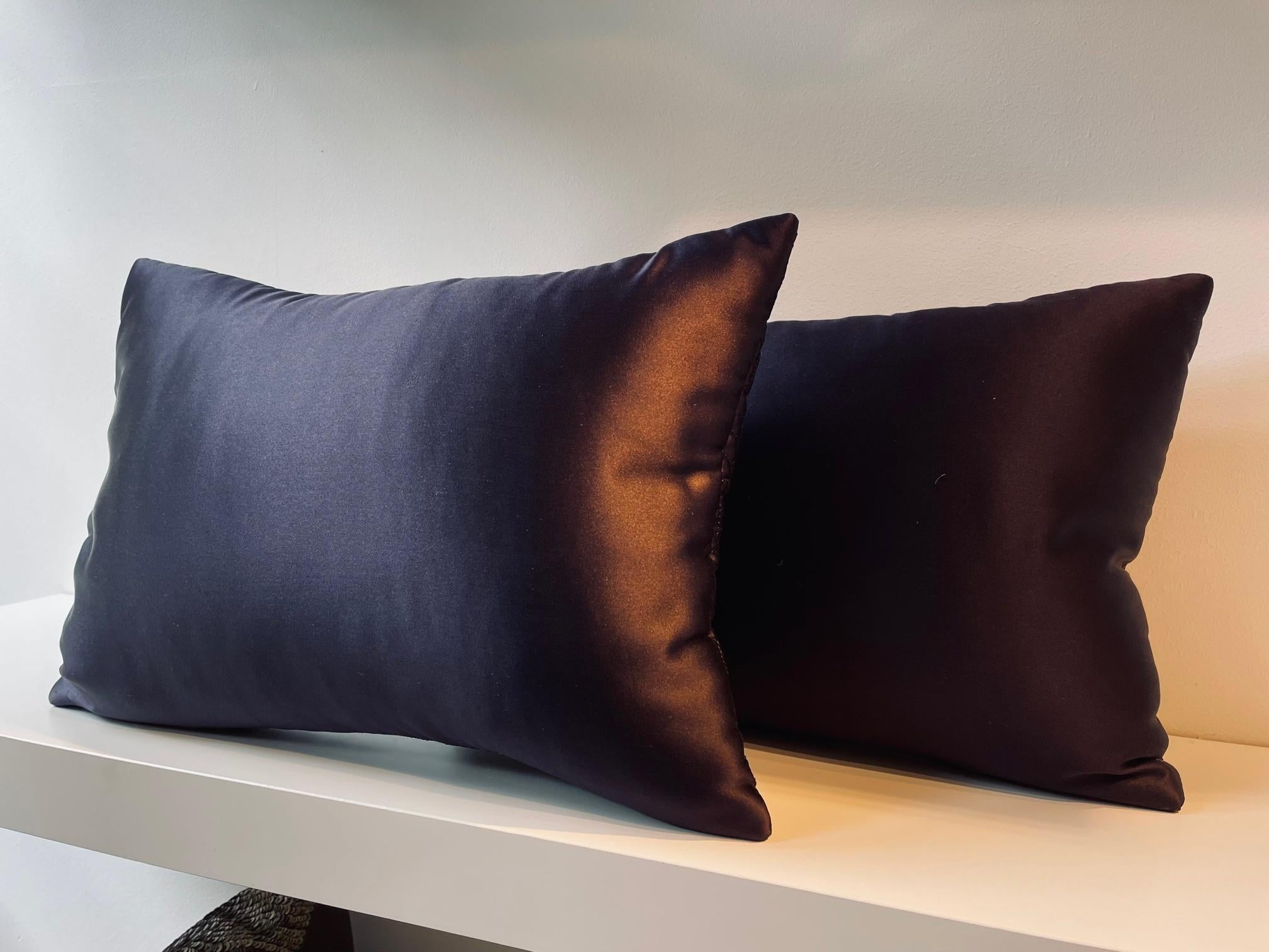German Cushions Hand Quilted Crocodile Skin Pattern in Silk Satin Dark Purple For Sale