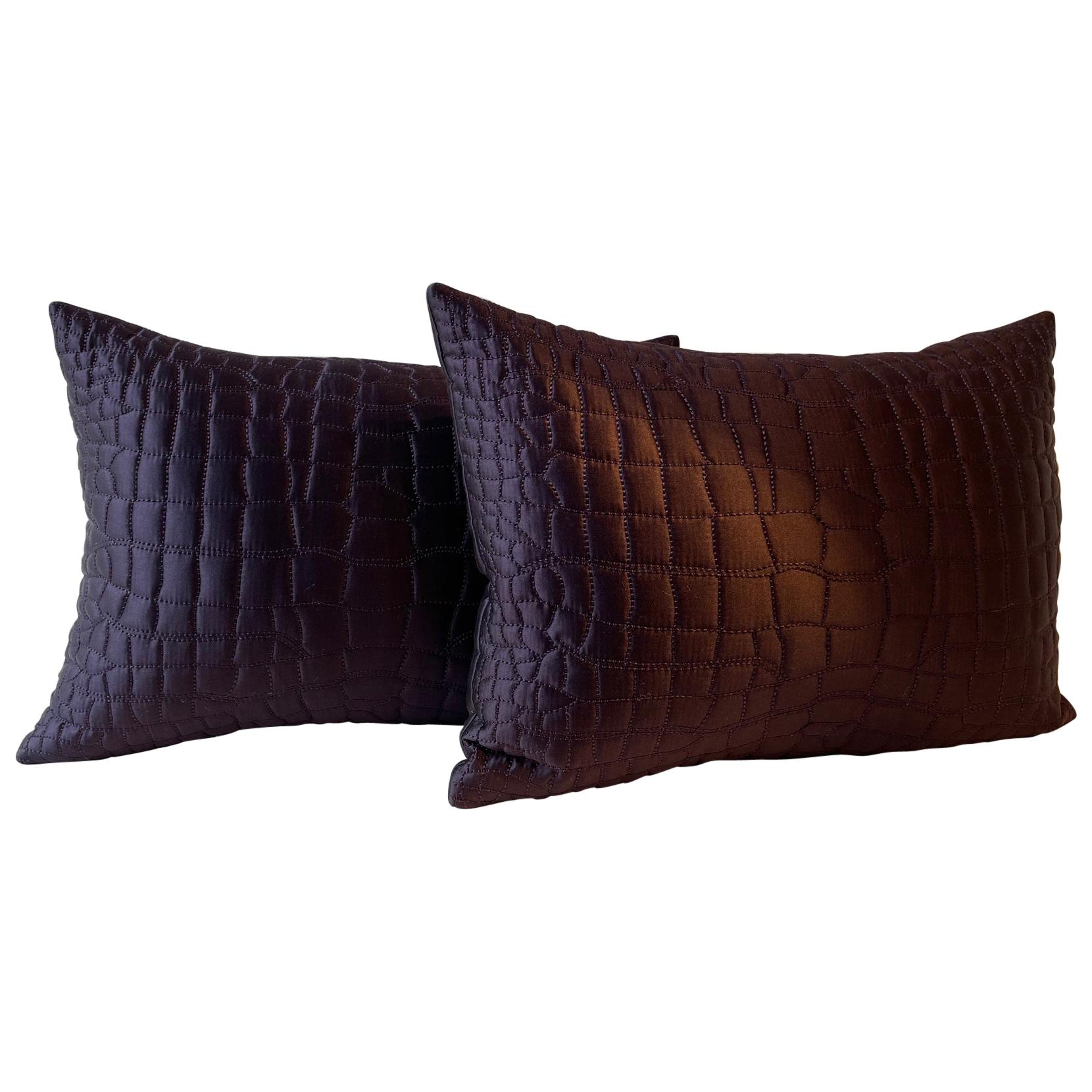 Cushions Hand Quilted Crocodile Skin Pattern in Silk Satin Dark Purple For Sale