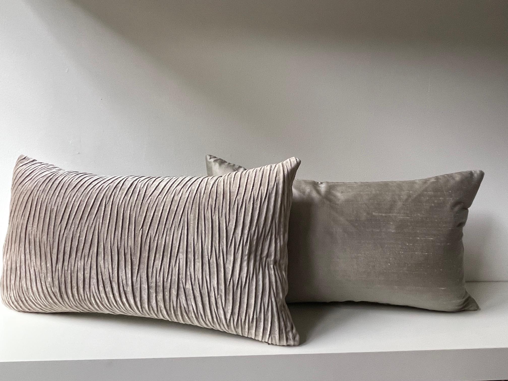 Modern Cushions with Pleated Front Panel in Wave Pattern Vertical on Velvet Color Sand For Sale