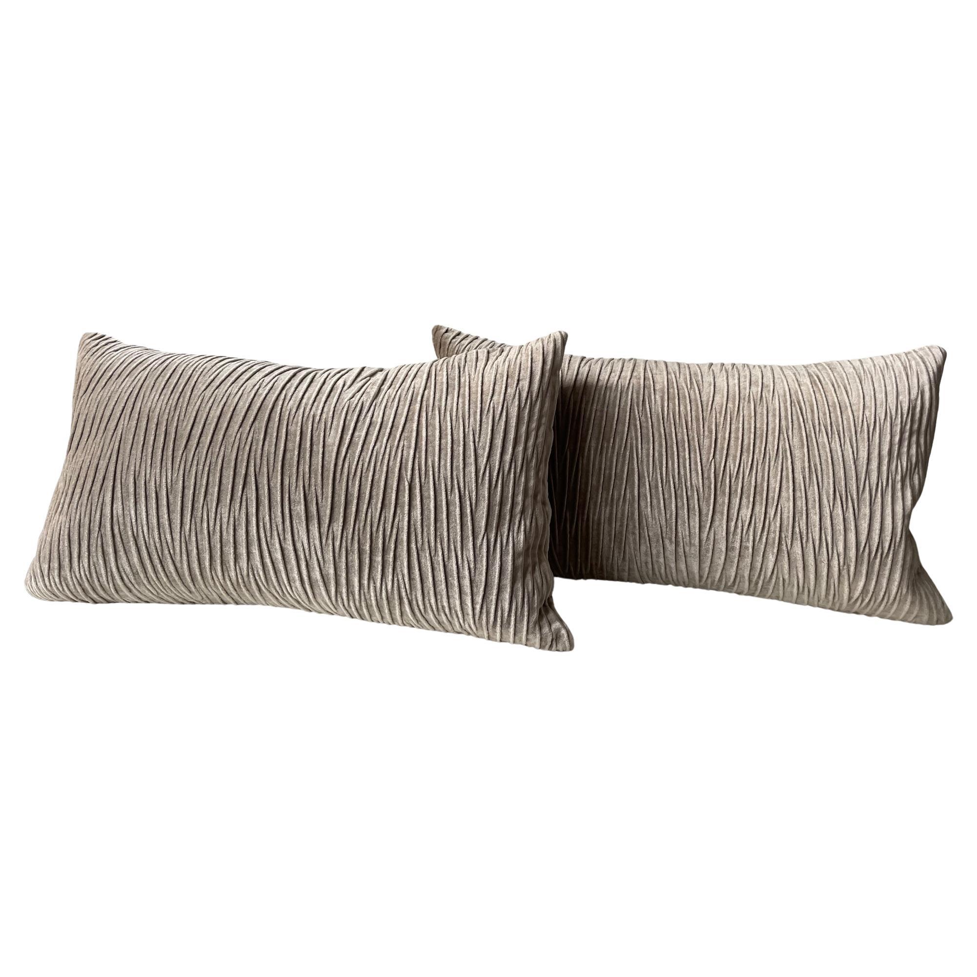 Cushions with Pleated Front Panel in Wave Pattern Vertical on Velvet Color Sand For Sale