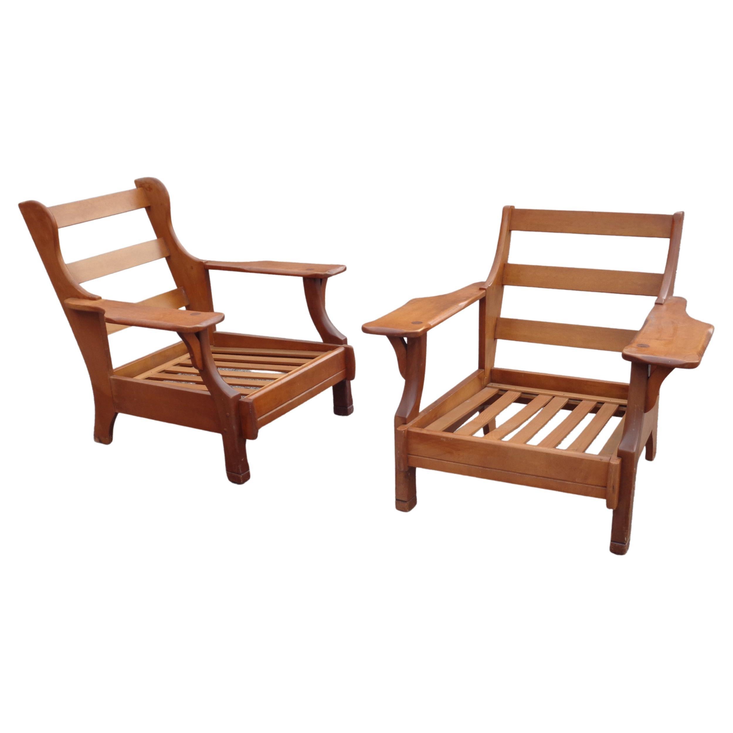 Varnished Rustic Paddle Arm Lounge Chairs, circa 1940