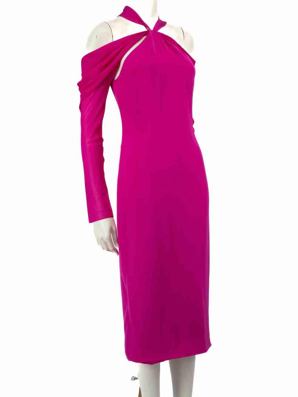 CONDITION is Very good. Hardly any visible wear to dress is evident on this used Cushnie et Ochs designer resale item.
 
 
 
 Details
 
 
 Fuchsia
 
 Silk
 
 Midi dress
 
 Halterneck
 
 Sheer long sleeves
 
 Cold shoulder
 
 Back zip closure with