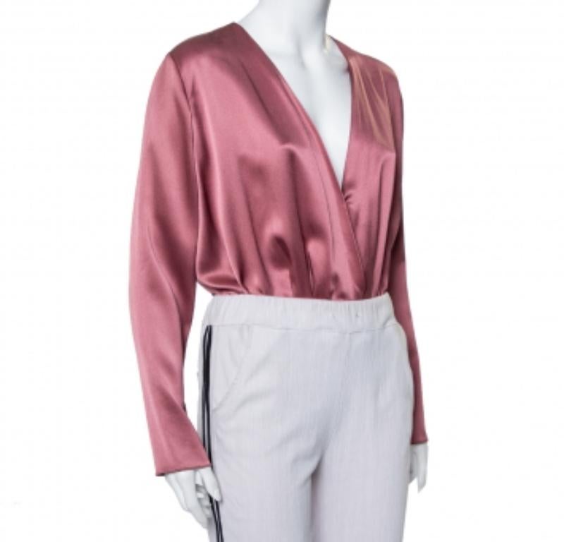 Beige Cushnie et Ochs Pink Silk Charmeuse Faux Wrap  Body Suit L For Sale