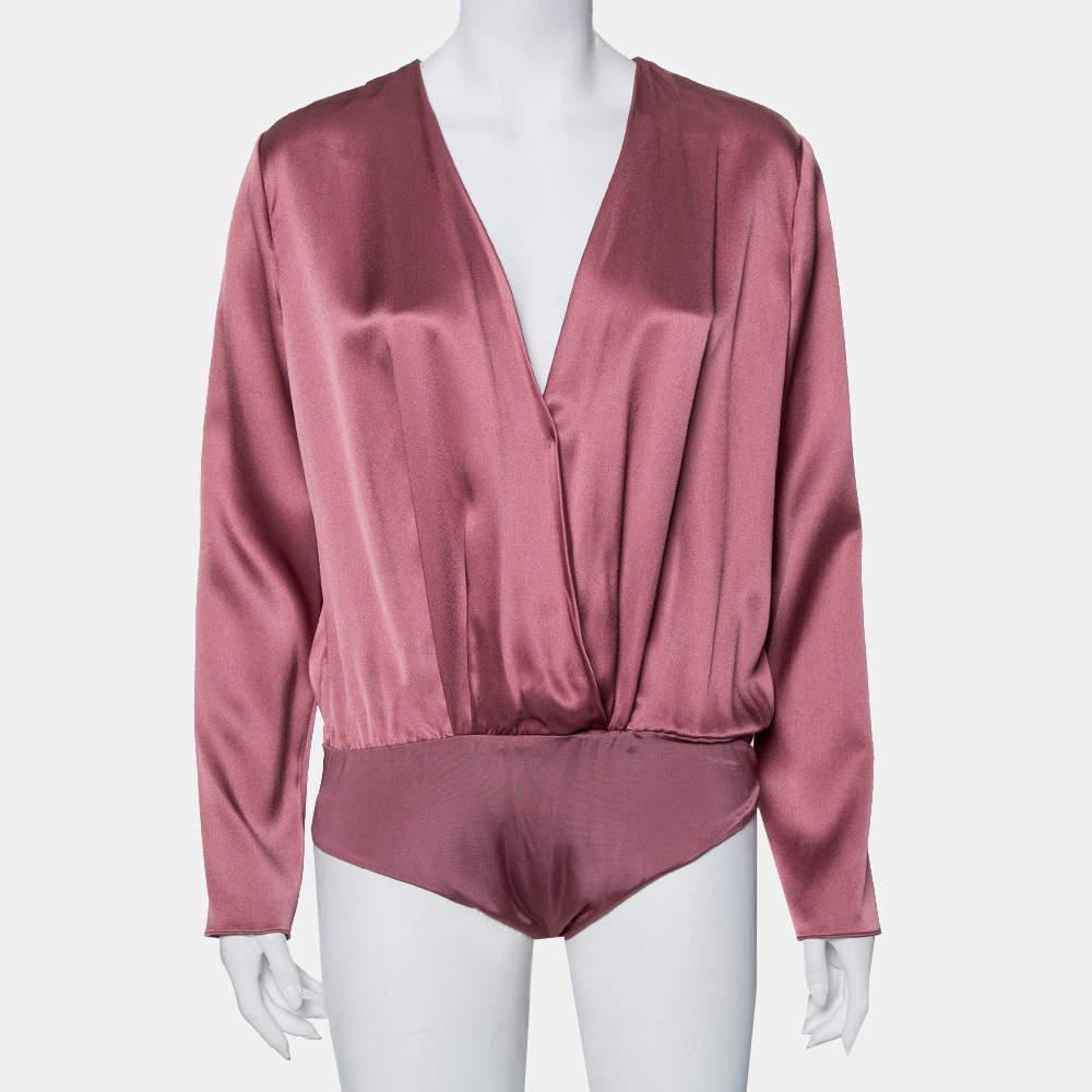 Brown Cushnie et Ochs Pink Silk Charmeuse Faux Wrap Body Suit L For Sale