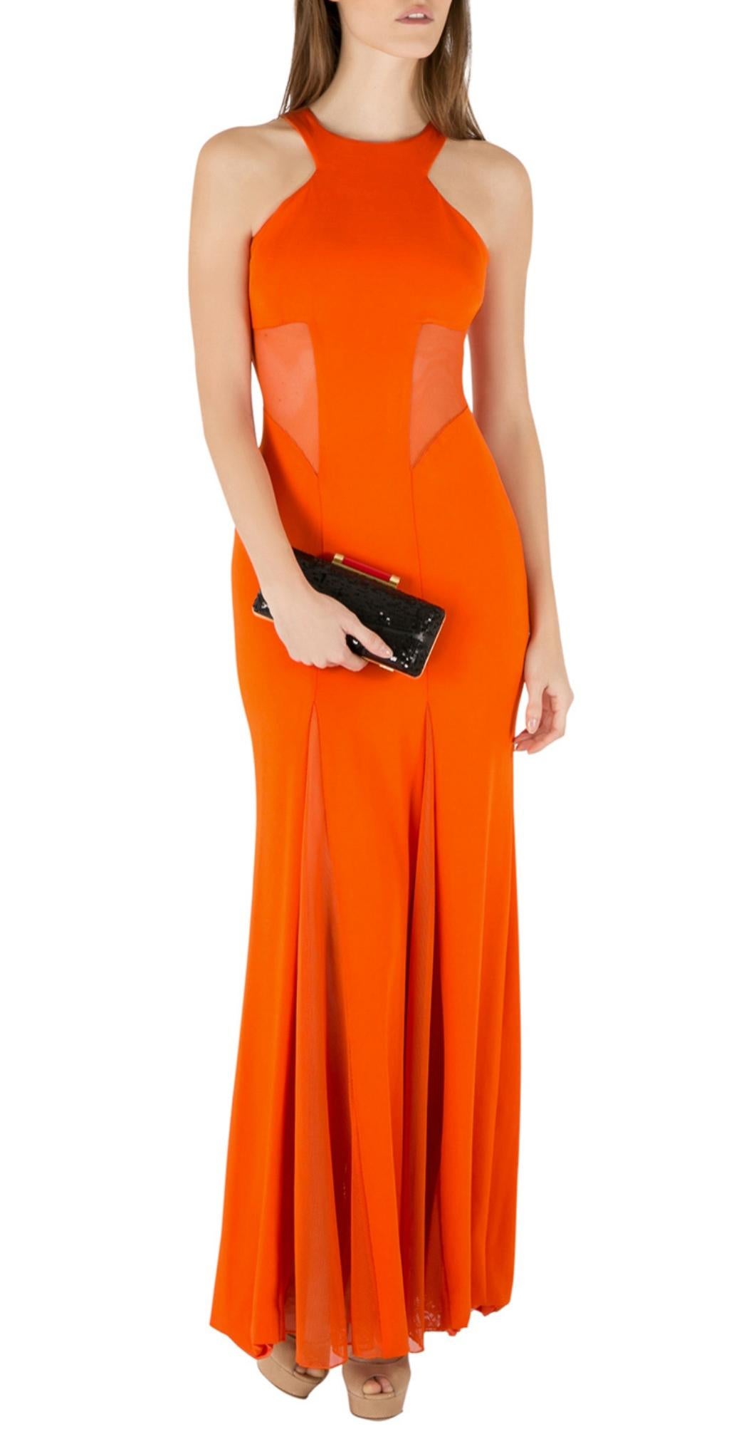 Cushnie Et Ochs Tangerine Orange Stretch Satin Jersey Mesh getäfeltes Kleid S im Zustand „Hervorragend“ im Angebot in Dubai, Al Qouz 2