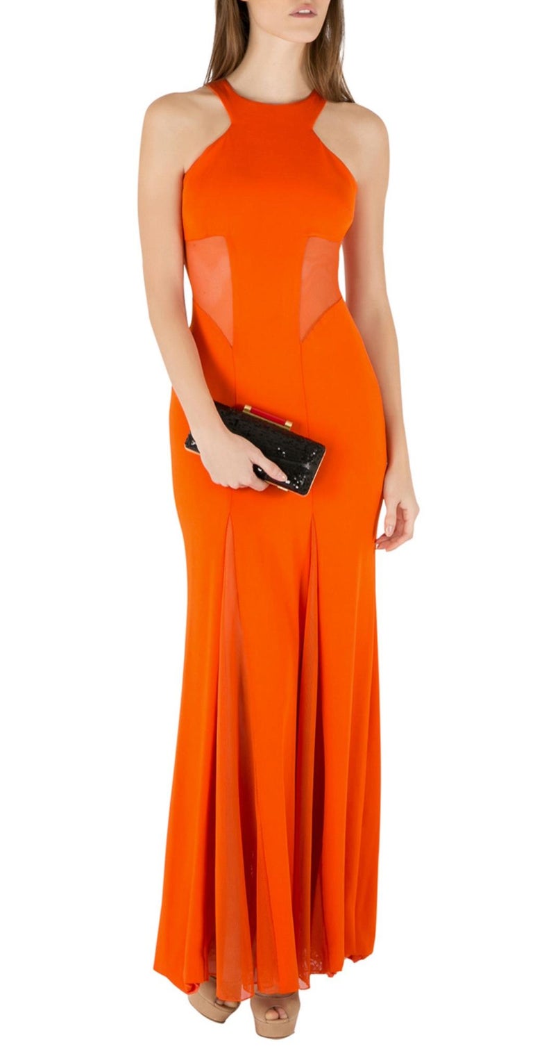 cushnie et ochs orange dress Cushnie Et Ochs Tangerine Orange Stretch Satin Jersey Mesh Paneled Gown S  at 1stDibs
