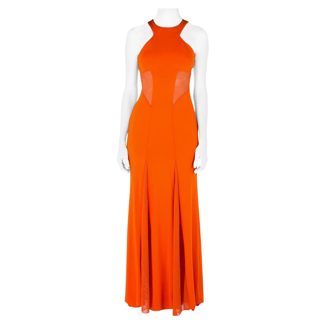 Cushnie Et Ochs Tangerine Orange Stretch Satin Jersey Mesh Paneled Gown S For Sale