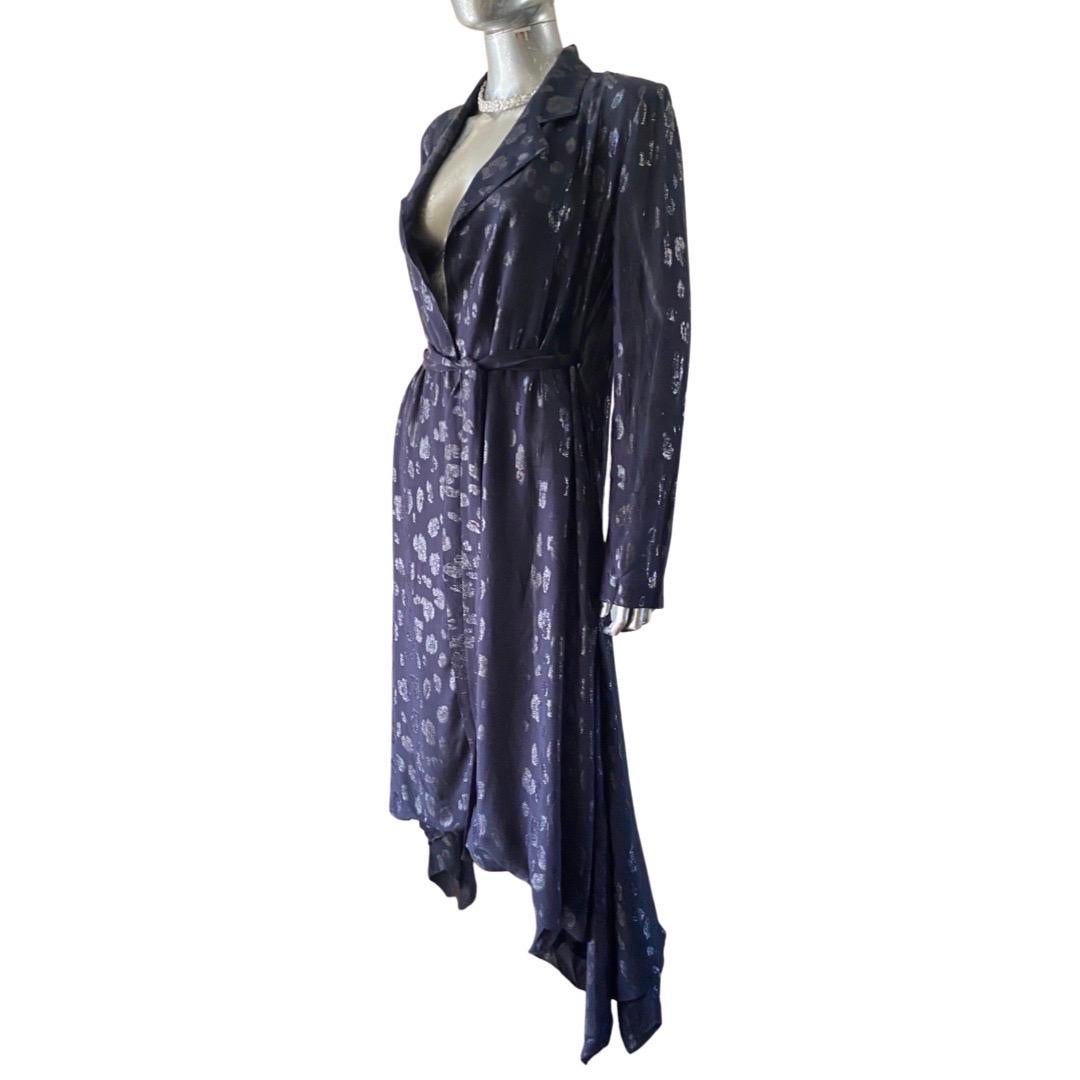 Cushnie Navy Cheetah Metallic Print Wrap Dress with Scarf Hem. Size  For Sale 4