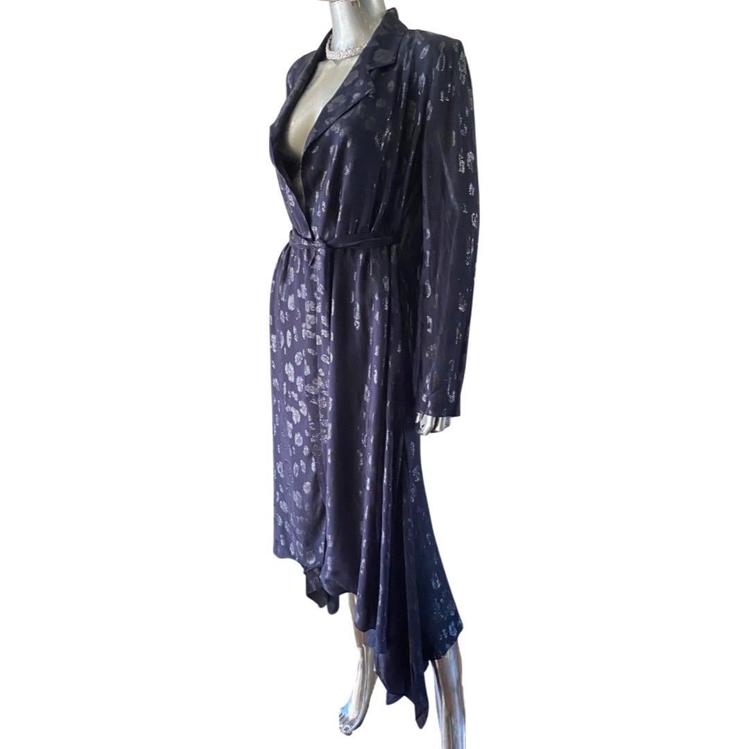 Cushnie Navy Cheetah Metallic Print Wrap Dress with Scarf Hem. Size  For Sale 2