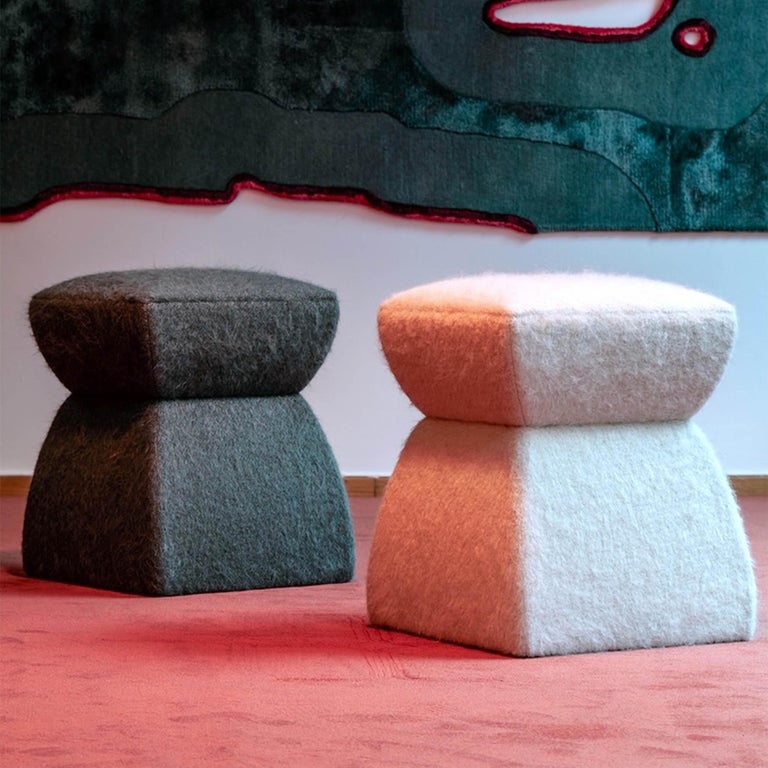 Upholstery ‘Cusi’ Pouf in Bagheera Mohair For Sale