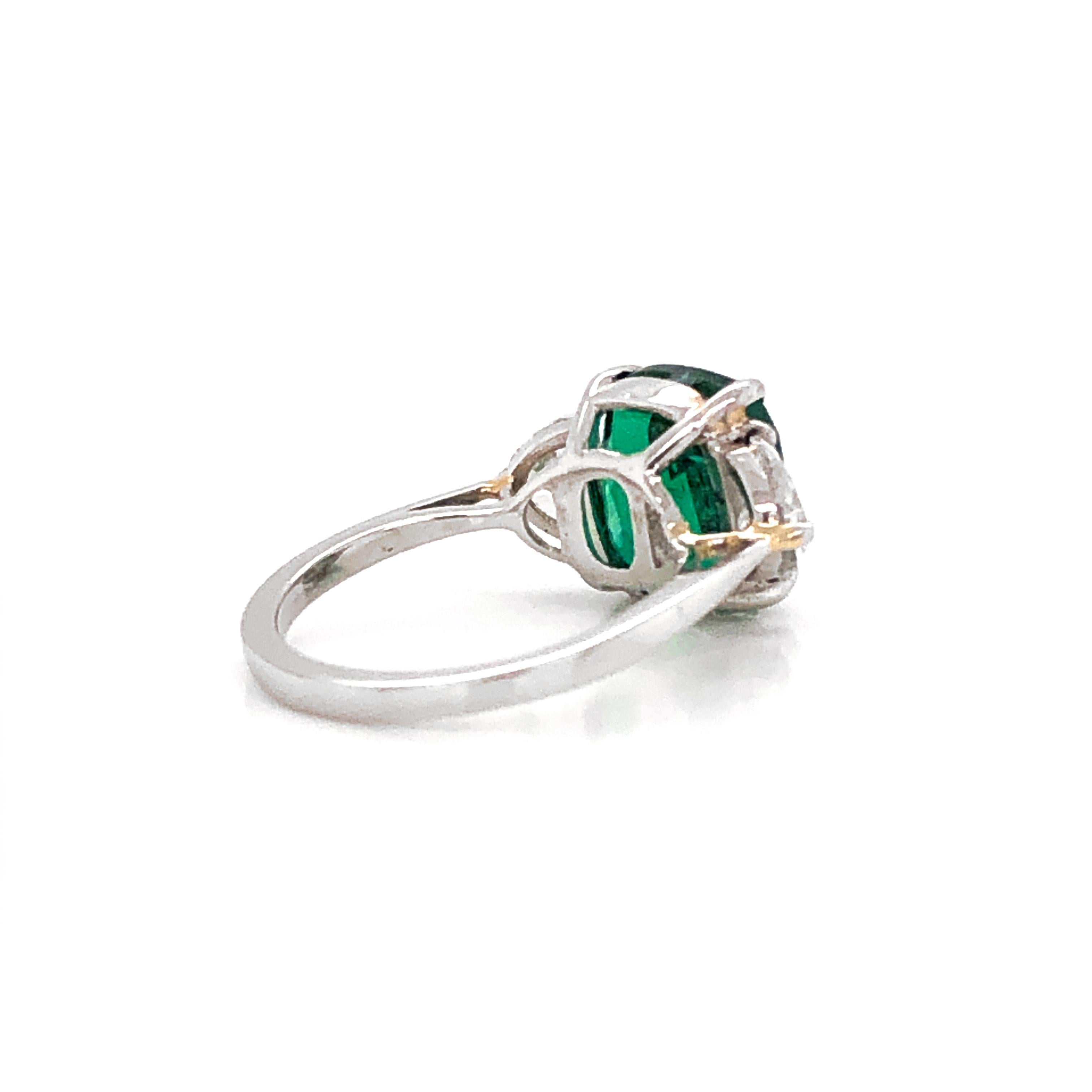 Cushion Cut Cushion Zambian Emerald 5.45 Carat Half Moon Diamond Platinum Ring