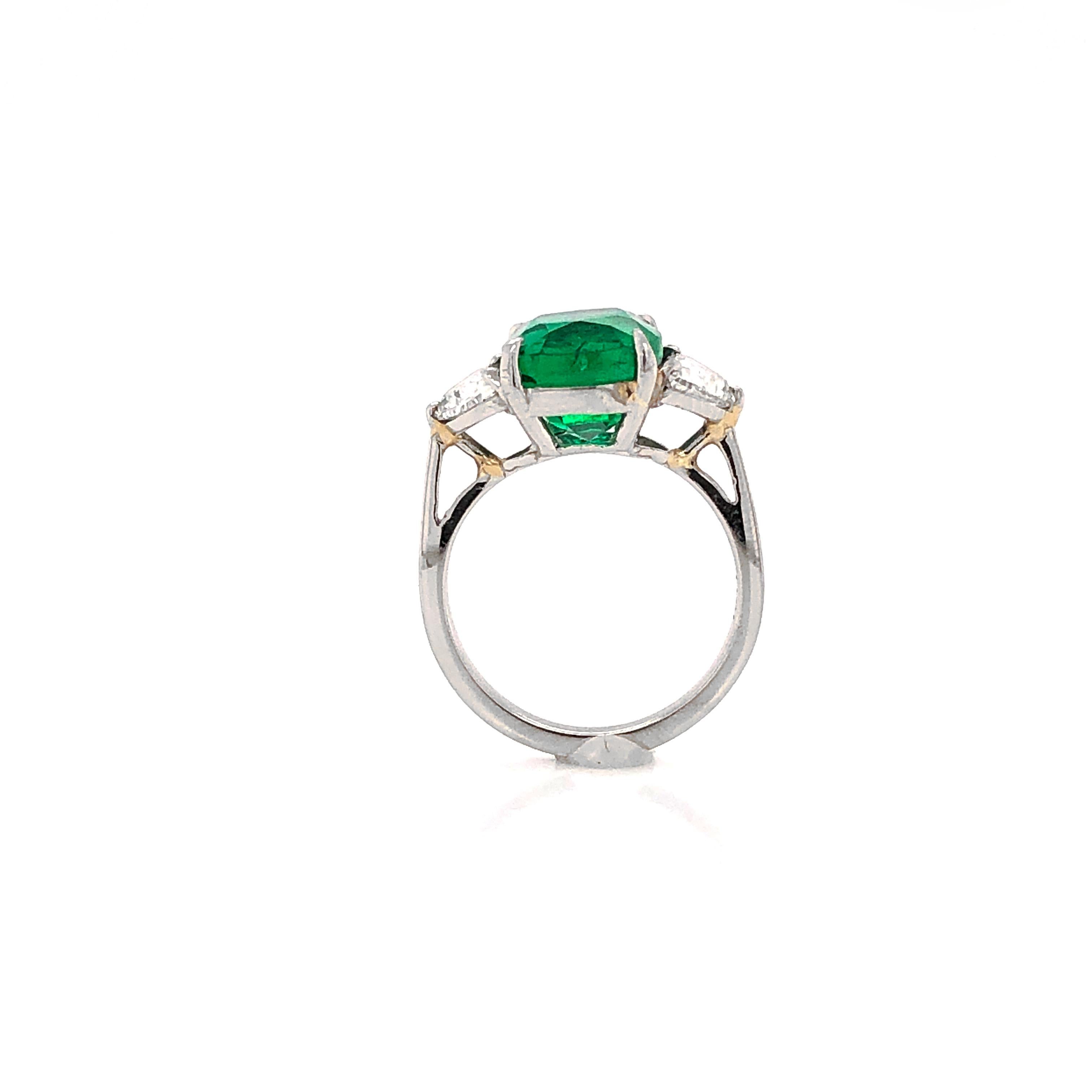 Women's Cushion Zambian Emerald 5.45 Carat Half Moon Diamond Platinum Ring