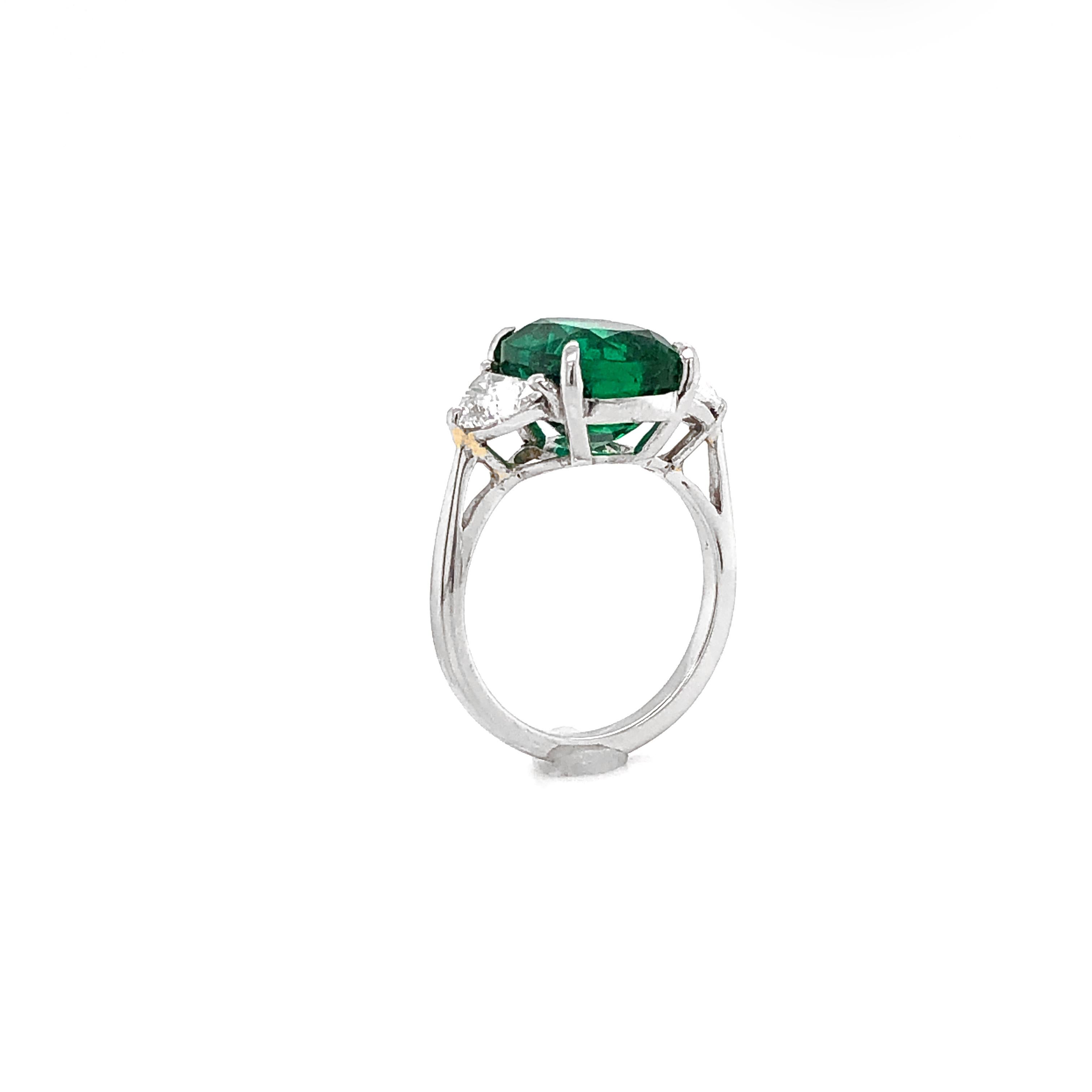 Cushion Zambian Emerald 5.45 Carat Half Moon Diamond Platinum Ring 1