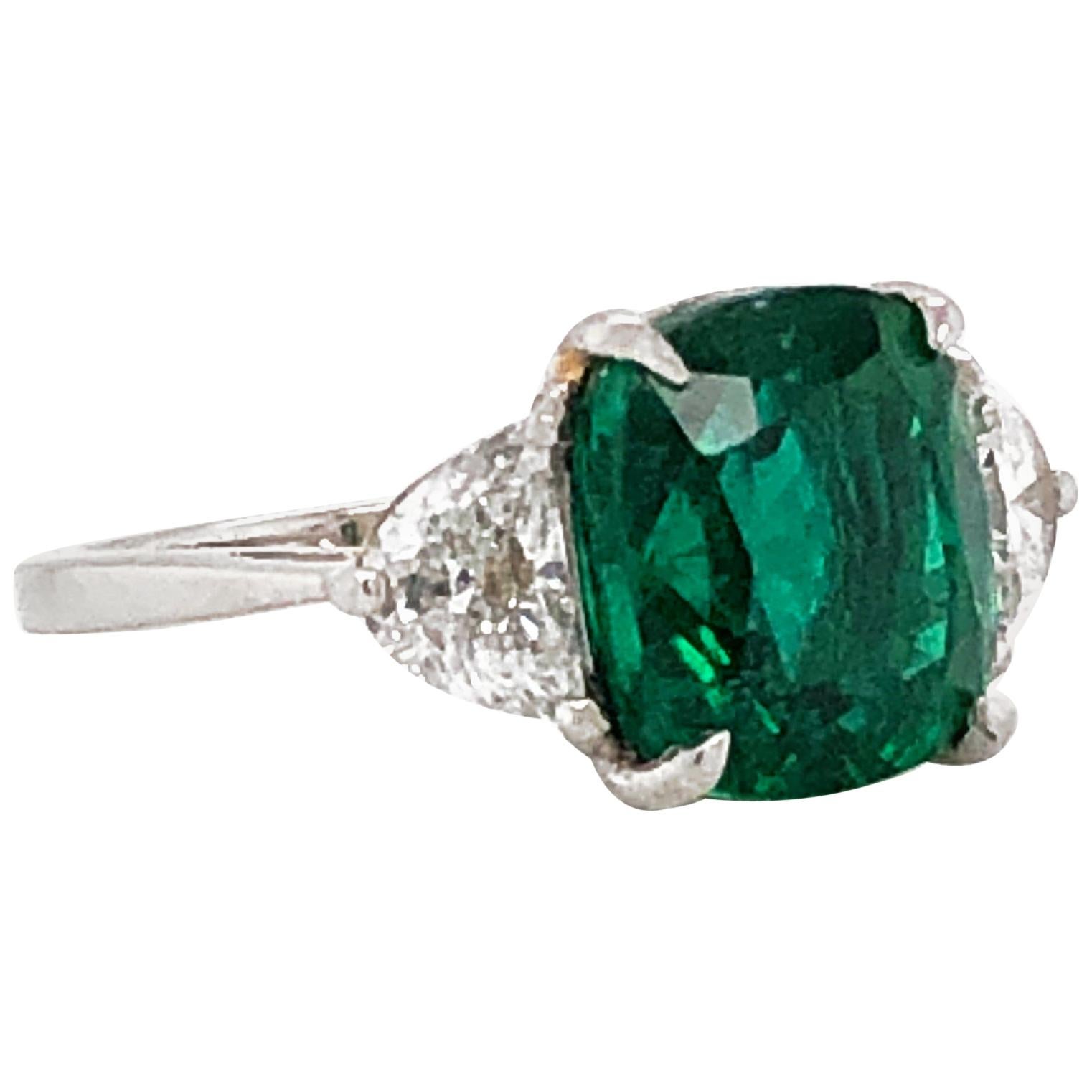 Cushion Zambian Emerald 5.45 Carat Half Moon Diamond Platinum Ring