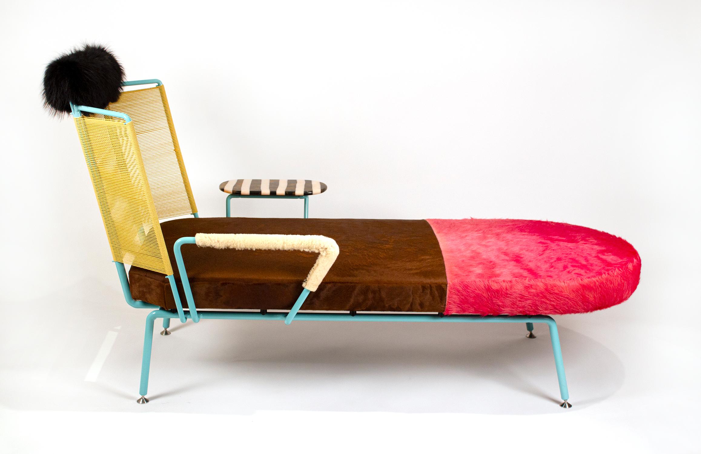 Chaise lounge 'Custard Ma Ma' designed by London based artist Jonathan Trayte. Comprised of cowhide, sheepskin, raccoon fur, marble, powder coat steel and woven polyester cord.

Jonathan Trayte was born in 1980 in Huddersfield, UK. Jonathan Trayte