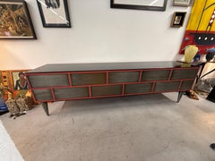 Custom 11 Drawer Credenza in Red with Brushed Steel Doors and Black Glass Top