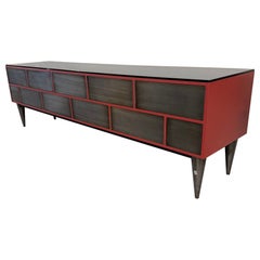 Custom 11 Drawer Credenza in Red with Brushed Steel Doors and Black Glass Top