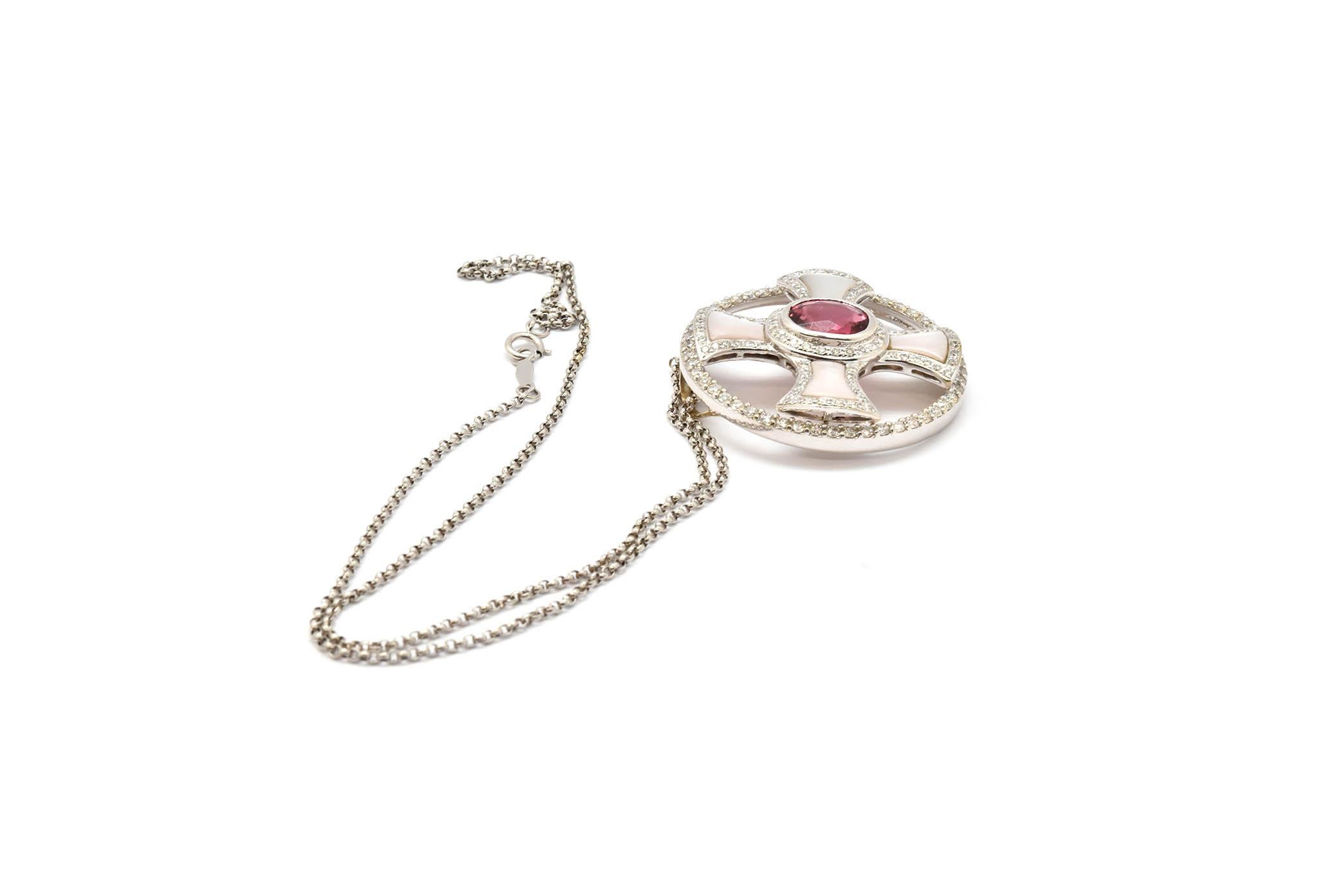 Contemporary Custom 14 Karat White Gold Diamond, Pink Tourmaline and Mother-of-Pearl Necklace For Sale