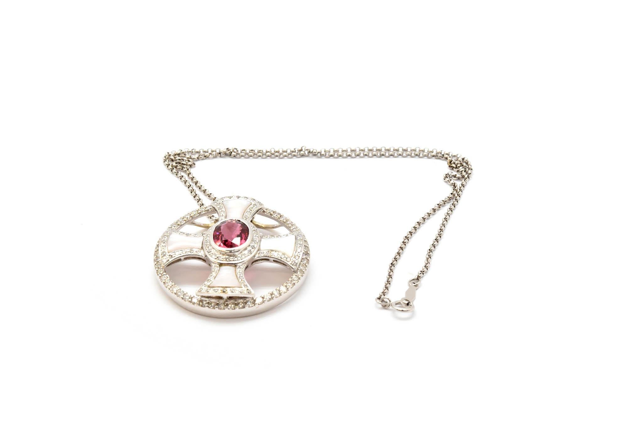 Round Cut Custom 14 Karat White Gold Diamond, Pink Tourmaline and Mother-of-Pearl Necklace For Sale