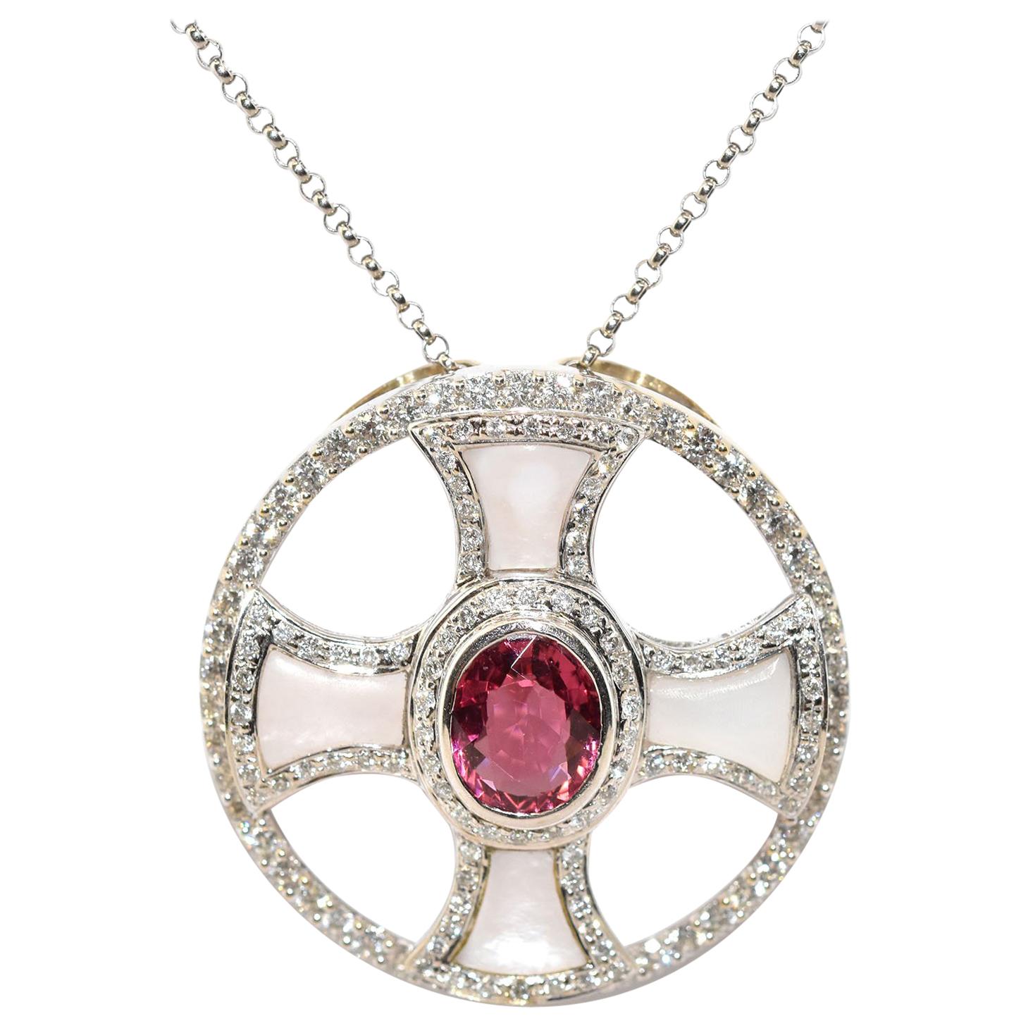 Custom 14 Karat White Gold Diamond, Pink Tourmaline and Mother-of-Pearl Necklace For Sale