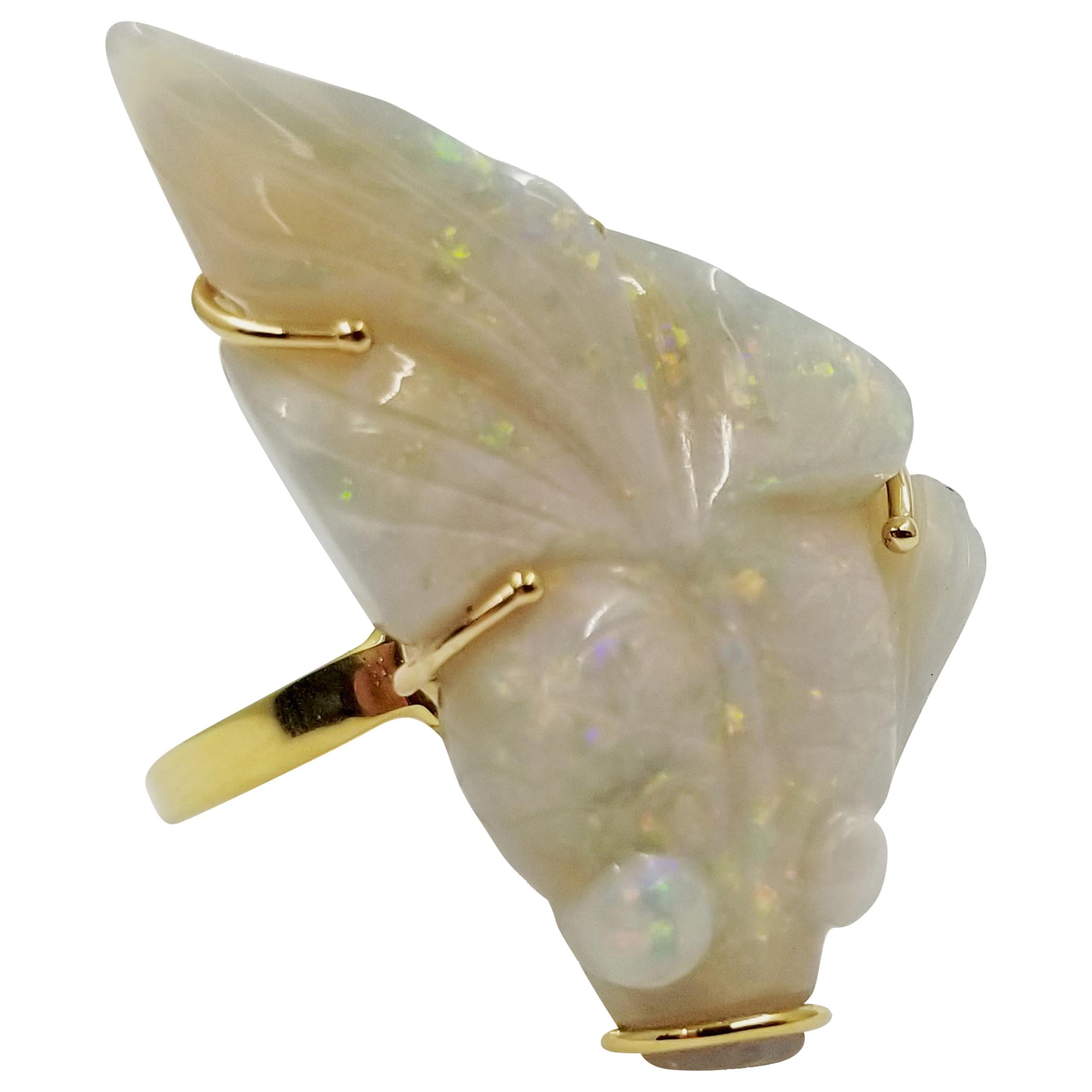 One-Of-A-Kind Yellow Gold Opal Fish Carving Ring