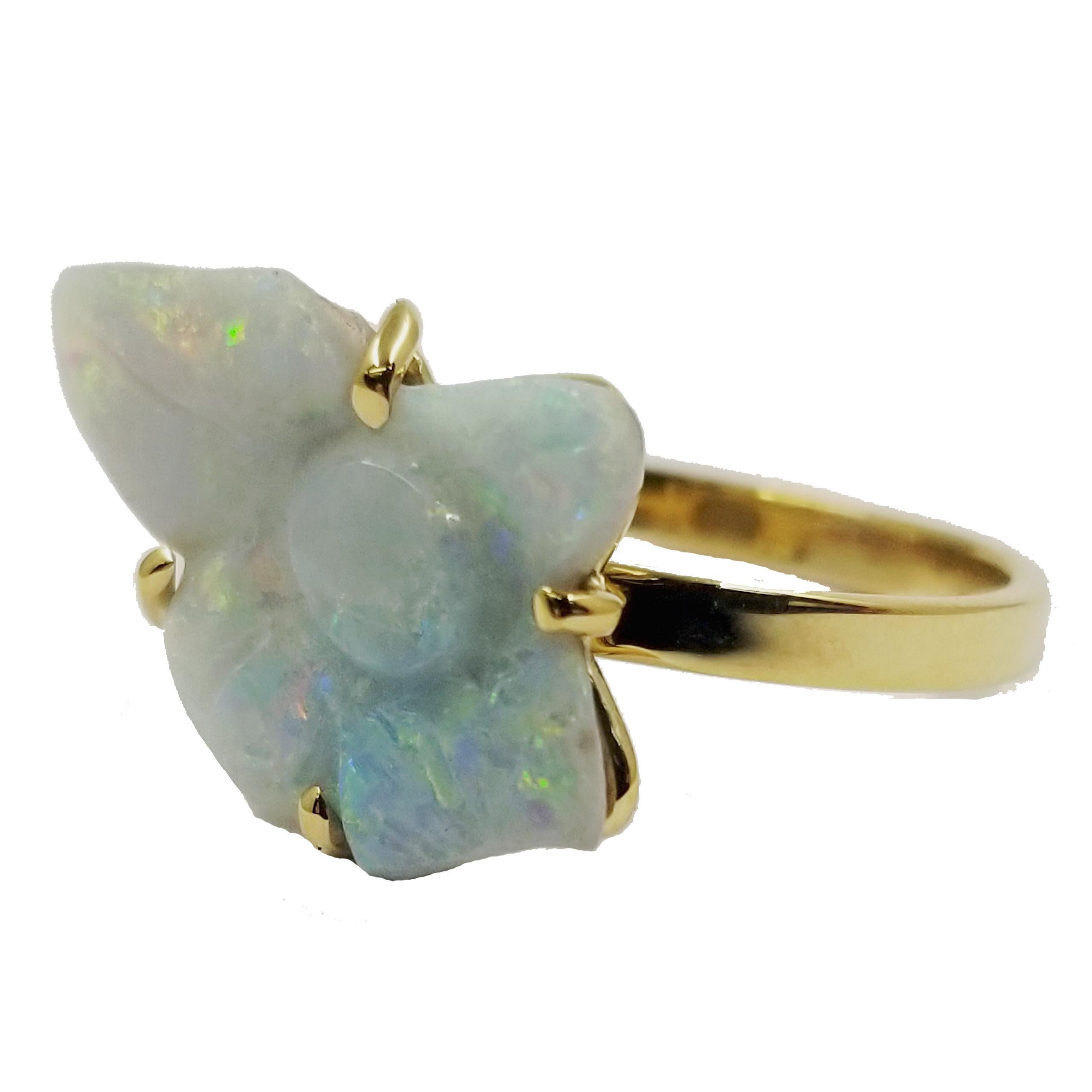 Women's Custom 14 Karat Yellow Gold Opal Flower Carving Ring