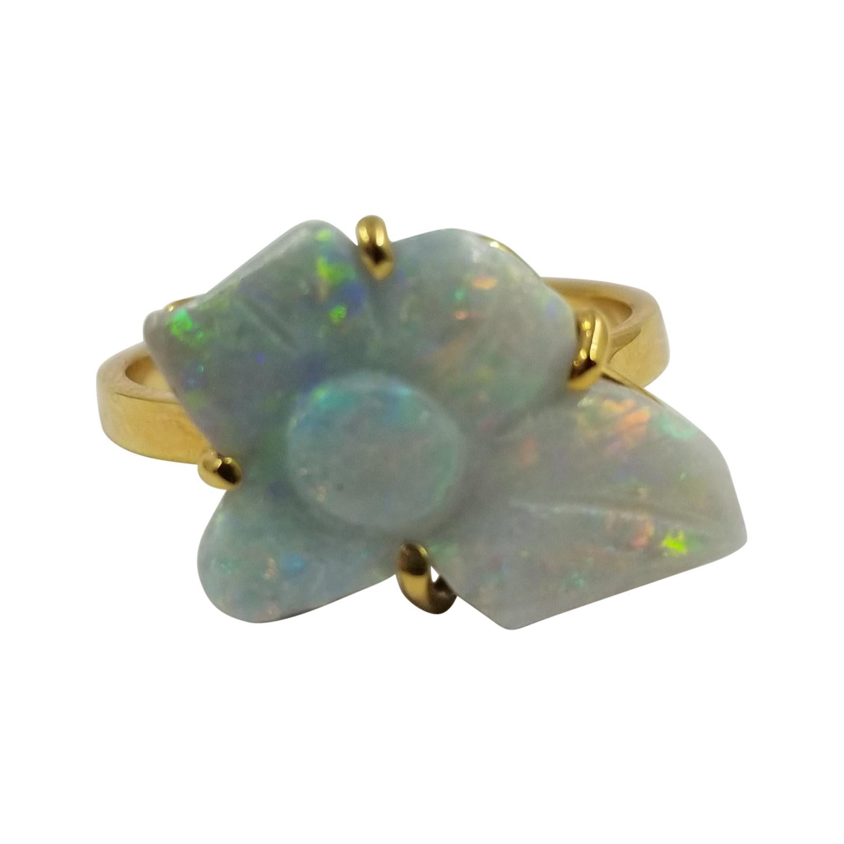 Custom 14 Karat Yellow Gold Opal Flower Carving Ring