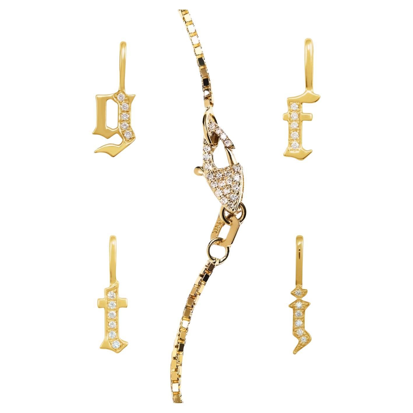 Custom 14k Diamond Gothic Initial Pendants on Box Chain with Diamond Clasp