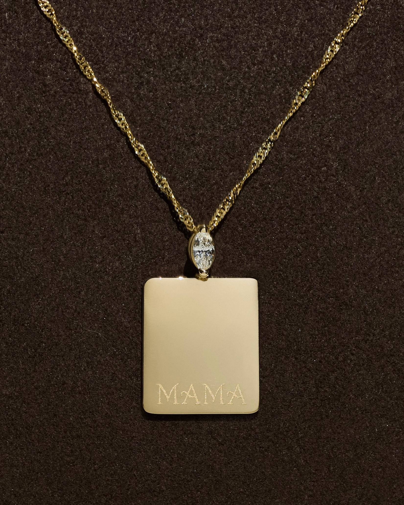 Marquise Cut Custom 14k Gold “MAMA” Engraved Diamond Dog Tag Pendant For Sale