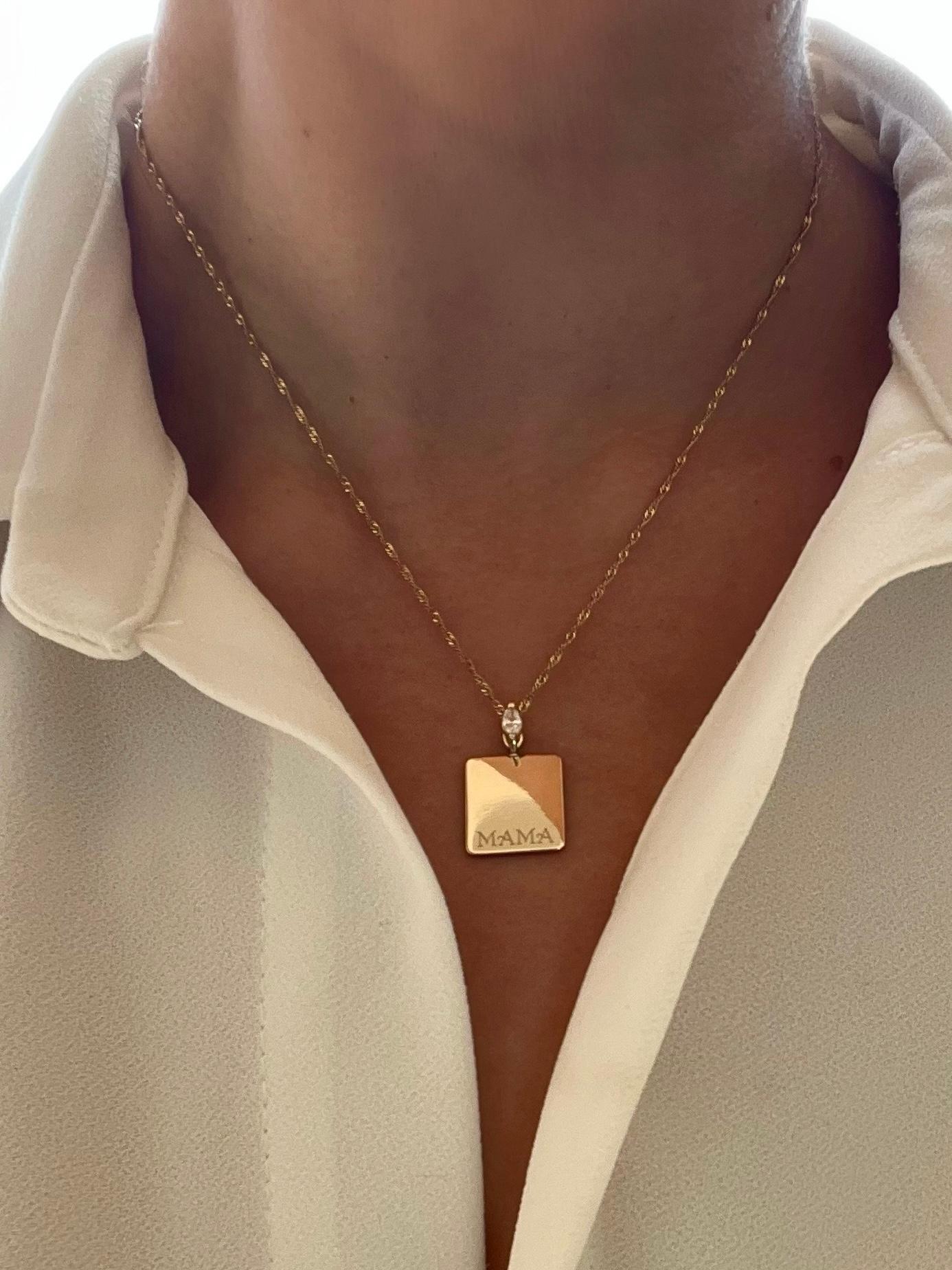 Modern Custom 14k Gold “MAMA” Engraved Diamond Dog Tag Pendant For Sale