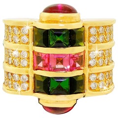 Custom 14k Gold Diamond Pink and Green Tourmaline 5.5 Carat Wide Ring 24G 