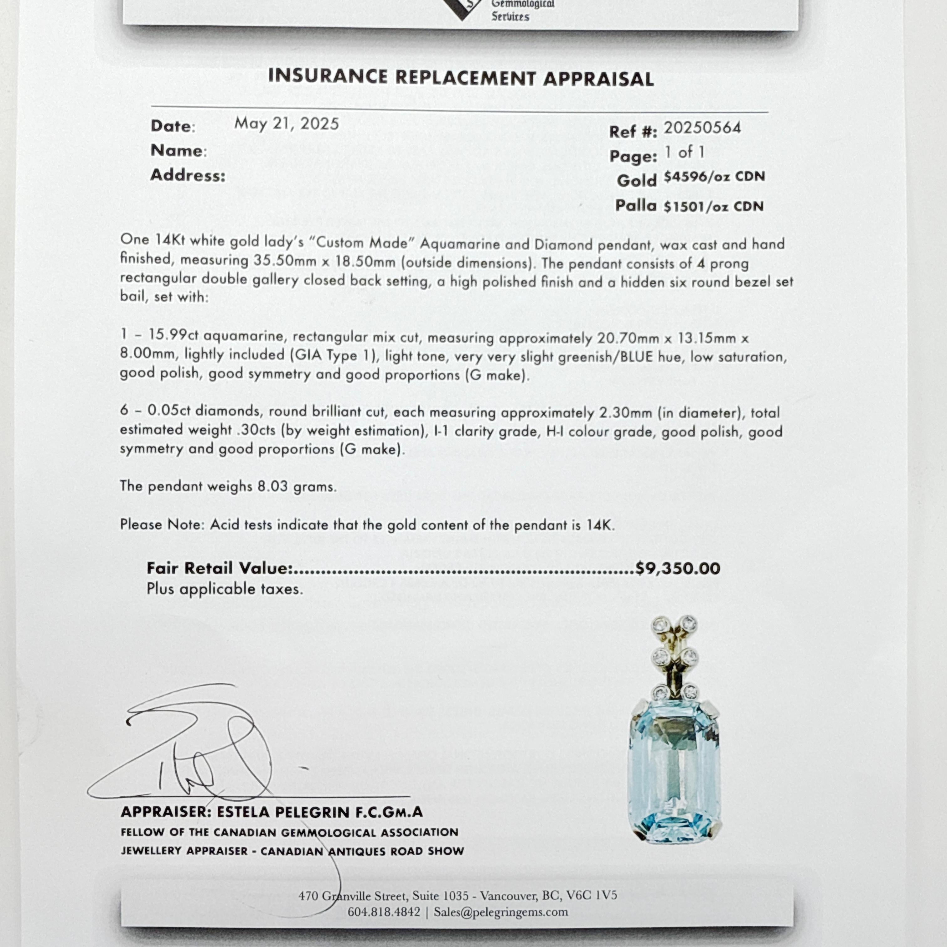 Custom 14K White Gold Aquamarine & Diamond Pendant 16.29TCW en venta 4